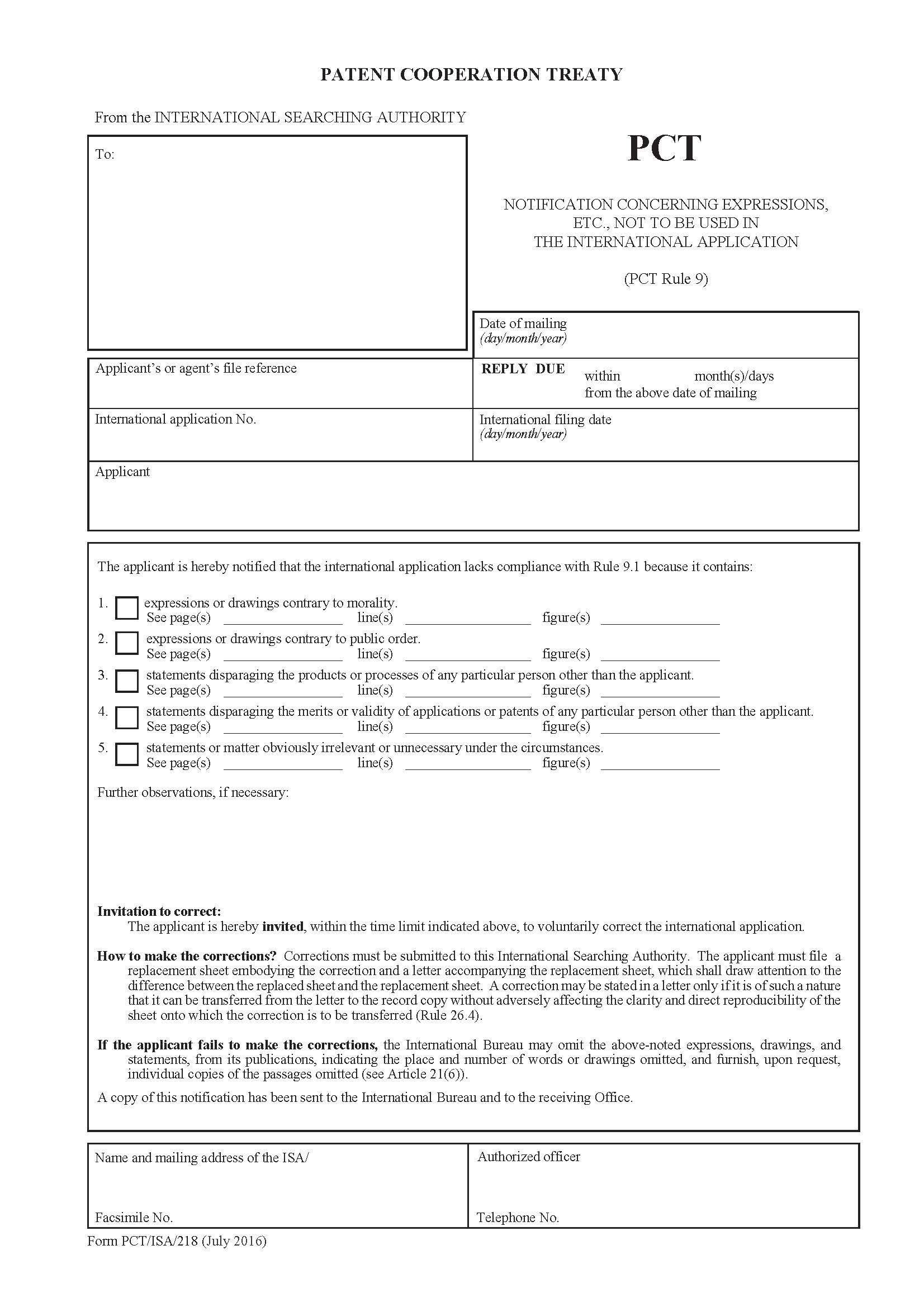 Notification Concerning Expressions Ect Not To Be Used In The International Application {PCT-ISA-218} | Pdf Fpdf Docx | Official Federal Forms