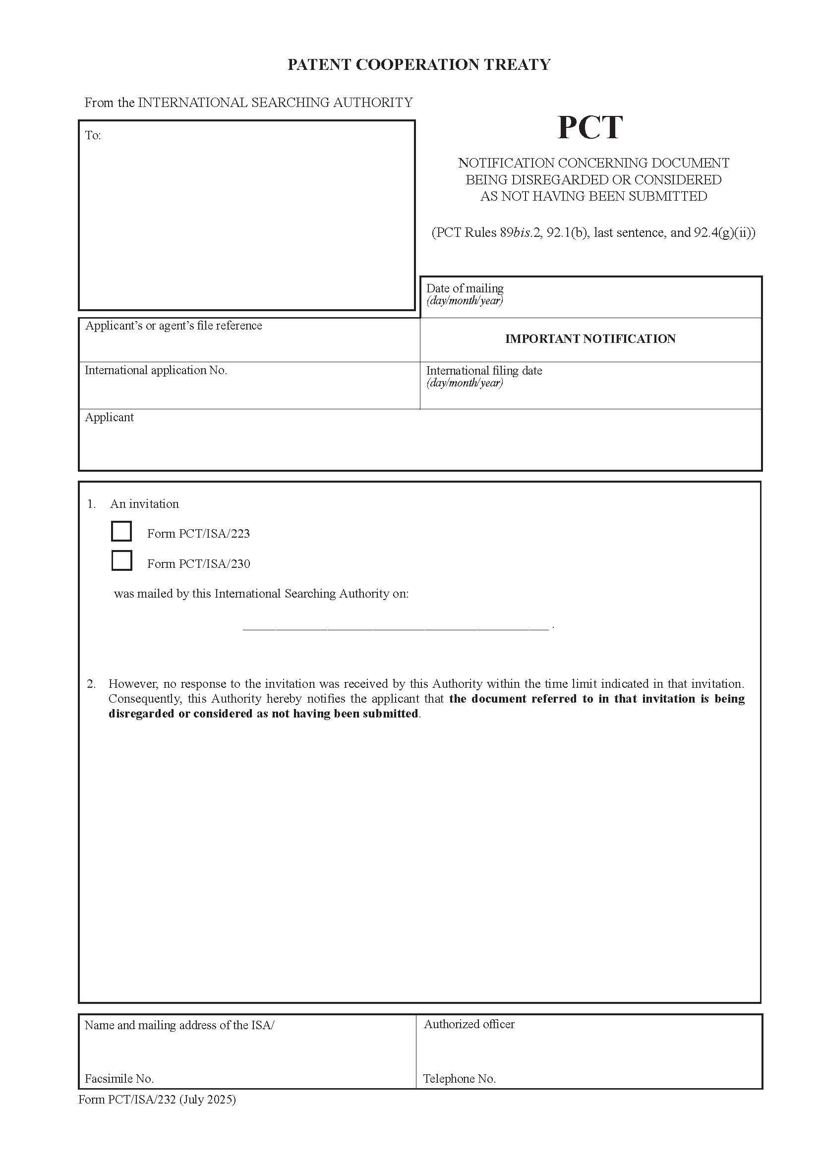 Notification Concerning Paper Being Disregarded Or Document Considered {PCT-ISA-232} | Pdf Fpdf Docx | Official Federal Forms