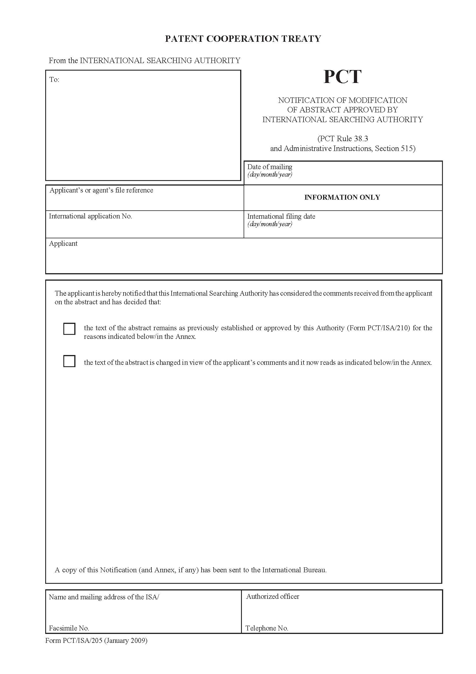 Notification Of Change In Abstract As Previously Established By International Searching {PCT-ISA-205} | Pdf Fpdf Docx | Official Federal Forms
