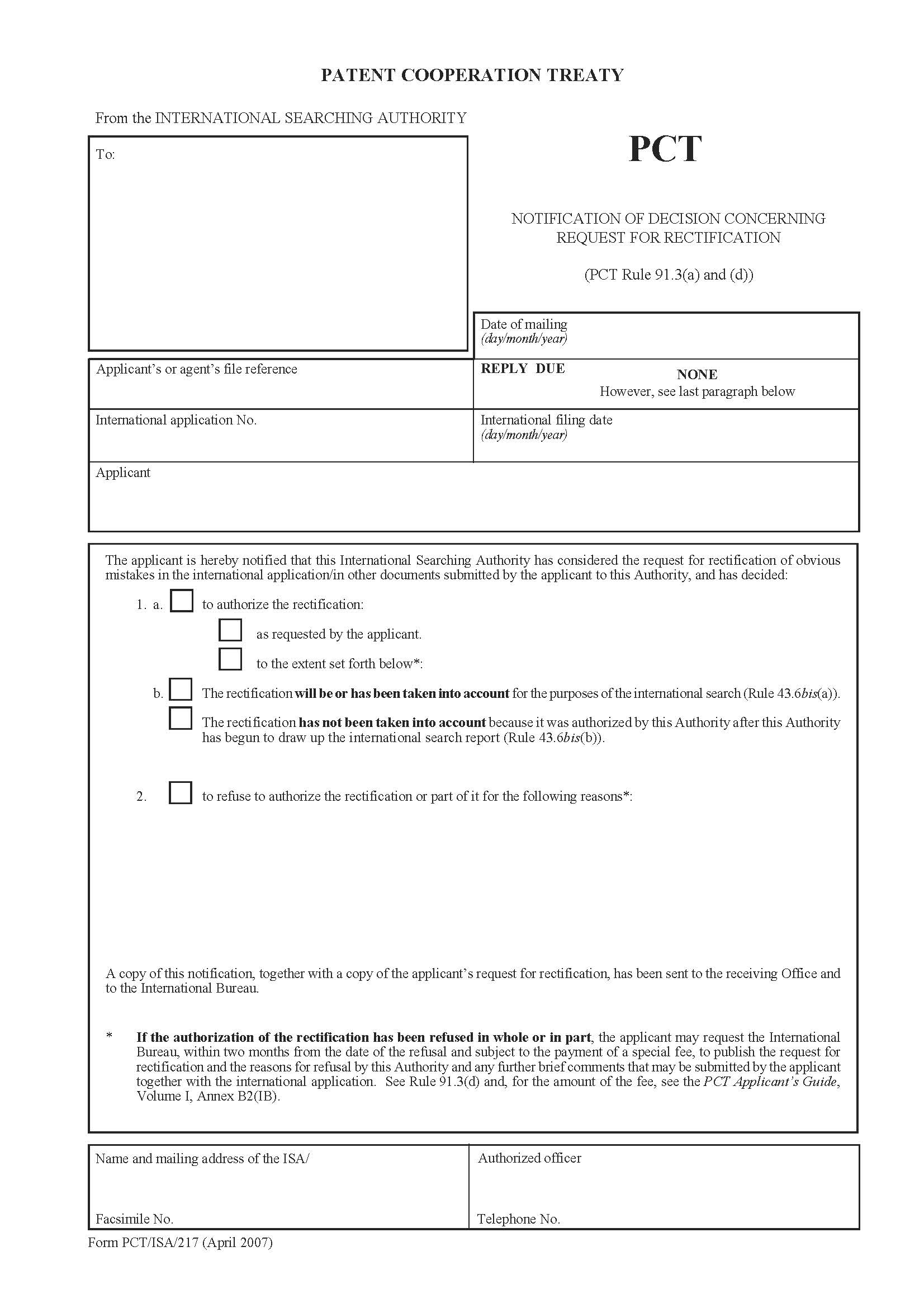 Notification Of Decision Concerning Request For Rectification {PCT-ISA-217} | Pdf Fpdf Doc Docx | Official Federal Forms