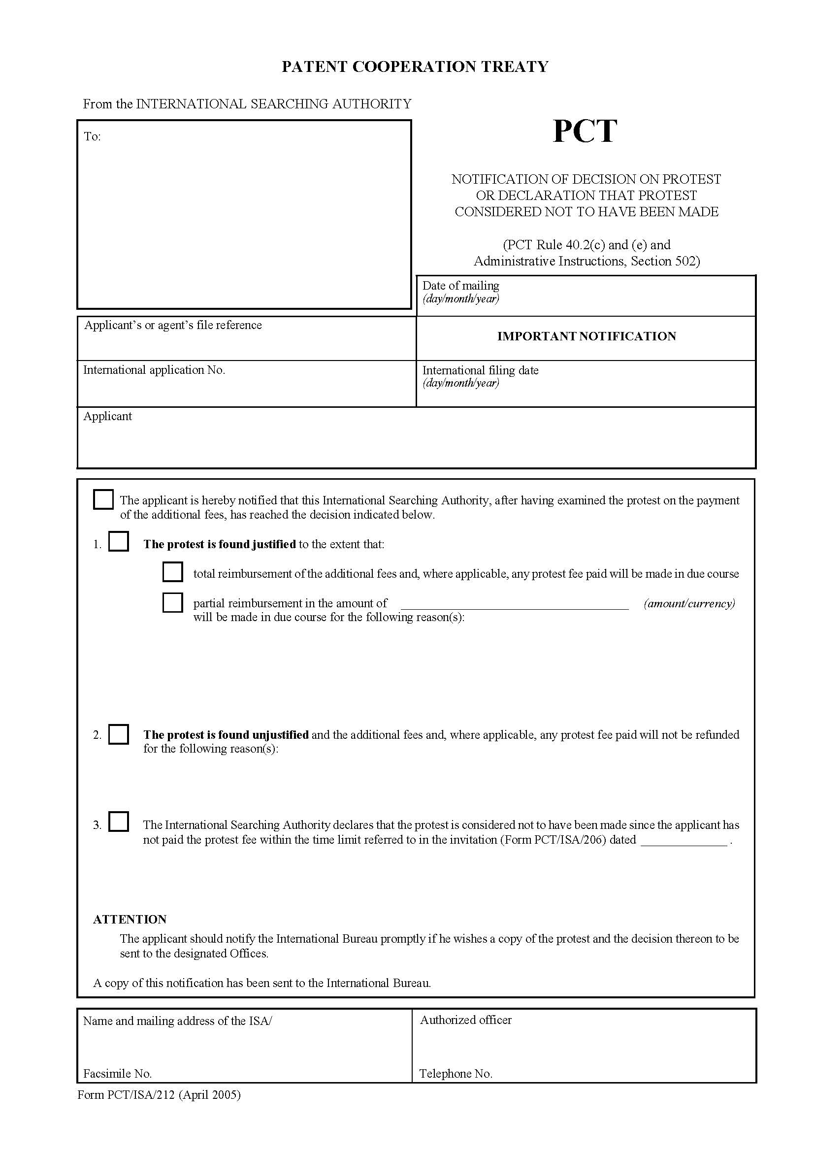 Notification Of Decision On Protest {PCT-ISA-212} | Pdf Fpdf Doc Docx | Official Federal Forms