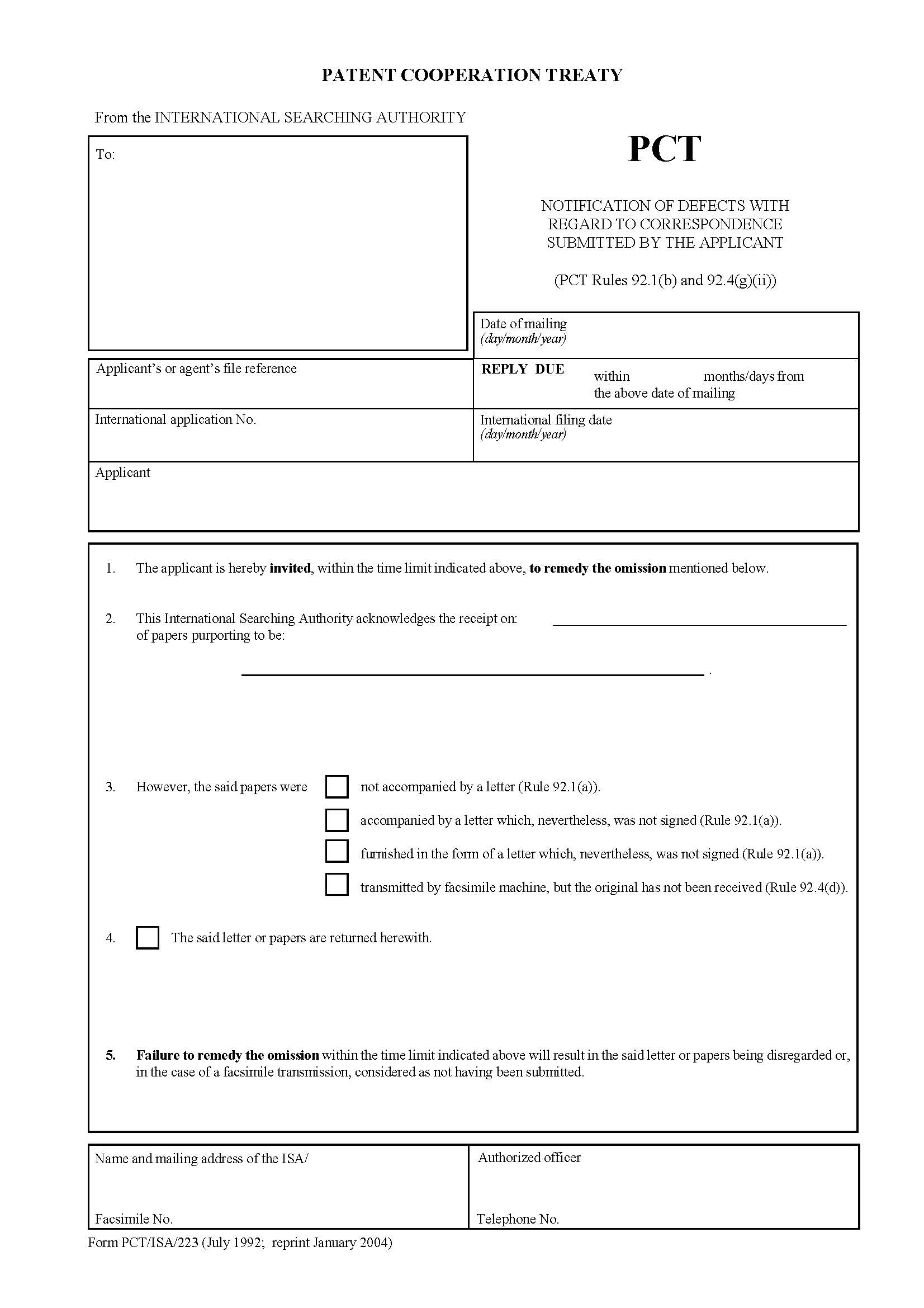 Notification Of Defects With Regard To Correspondence Submitted By The Applicant {PCT-ISA-223} | Pdf Fpdf Docx | Official Federal Forms