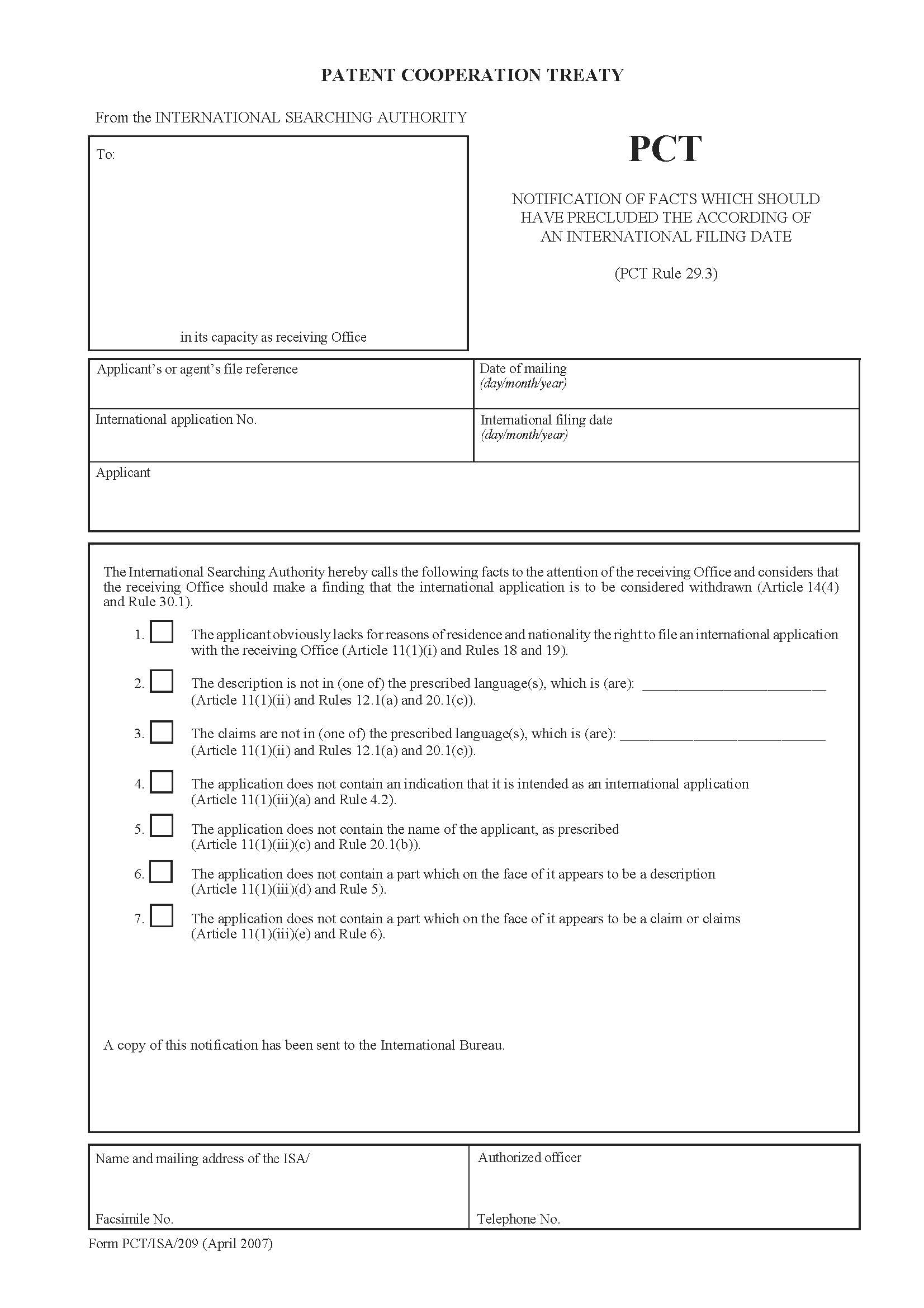 Notification Of Facts Which Should Have Precluded The According Of An International Filing Date {PCT-ISA-209} | Pdf Fpdf Docx | Official Federal Forms