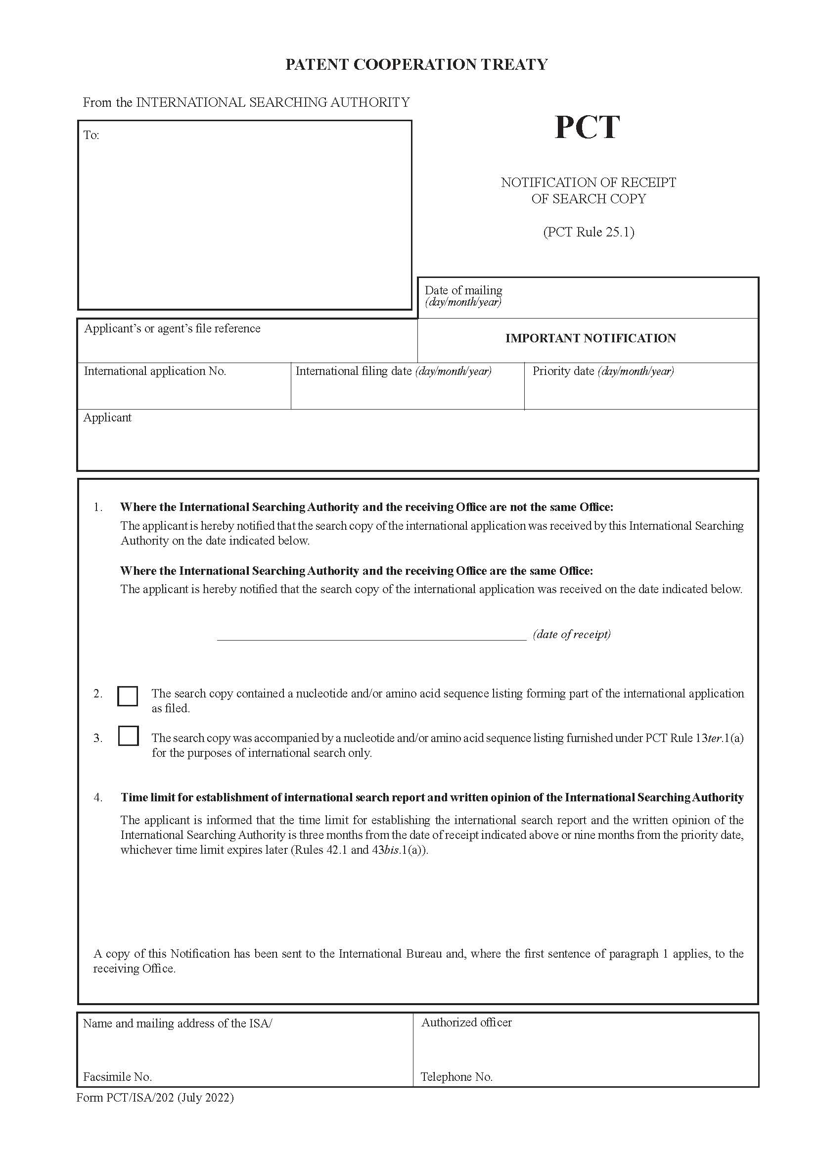 Notification Of Receipt Of Search Copy {PCT-ISA-202} | Pdf Fpdf Docx | Official Federal Forms
