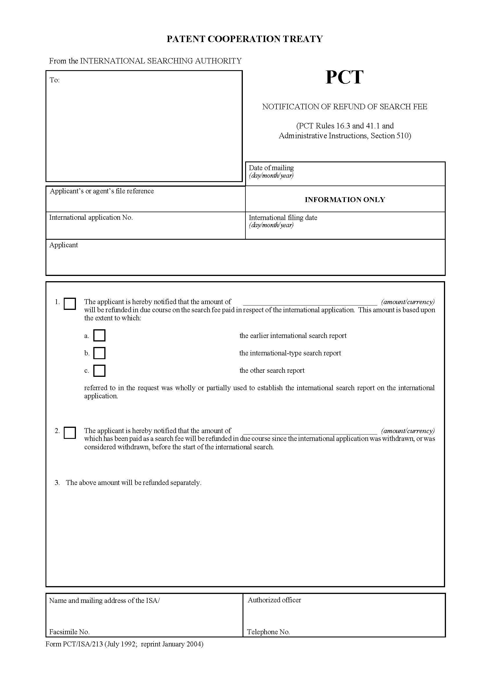 Notification Of Refund Of Search Fee {PCT-ISA-213} | Pdf Fpdf Doc Docx | Official Federal Forms