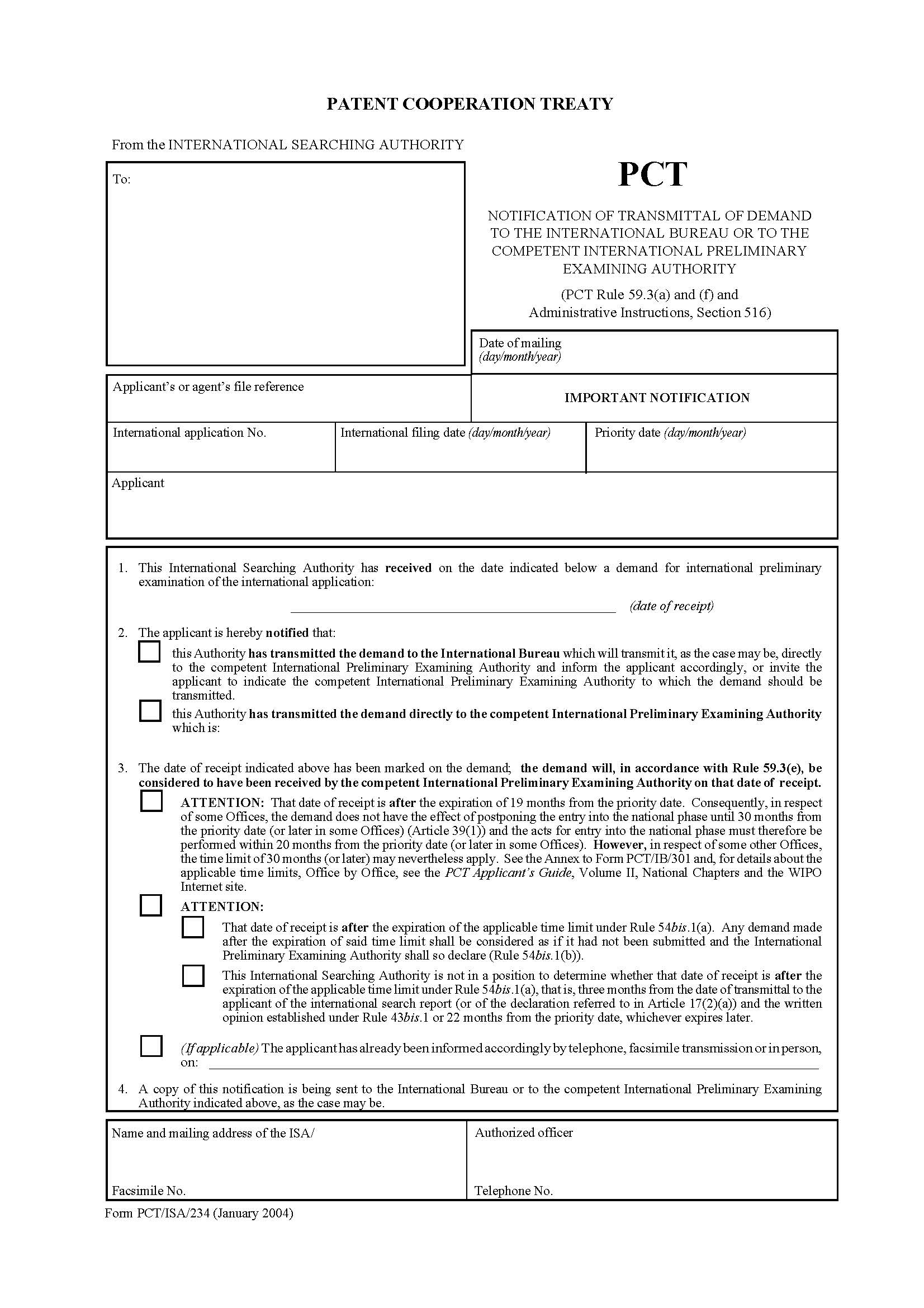 Notification Of Transmittal Of Demand To The International Bureau Or To The Competent {PCT-ISA-234} | Pdf Fpdf Doc Docx | Official Federal Forms