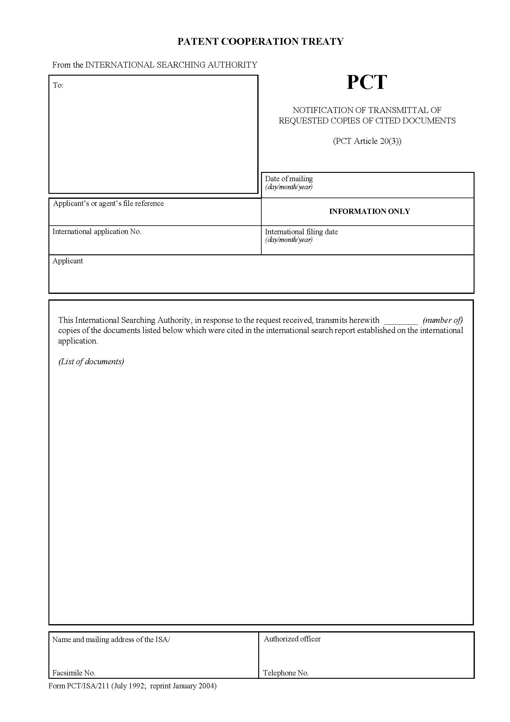 Notification Of Transmittal Of Requested Copies Of Cited Documents {PCT-ISA-211} | Pdf Fpdf Docx | Official Federal Forms