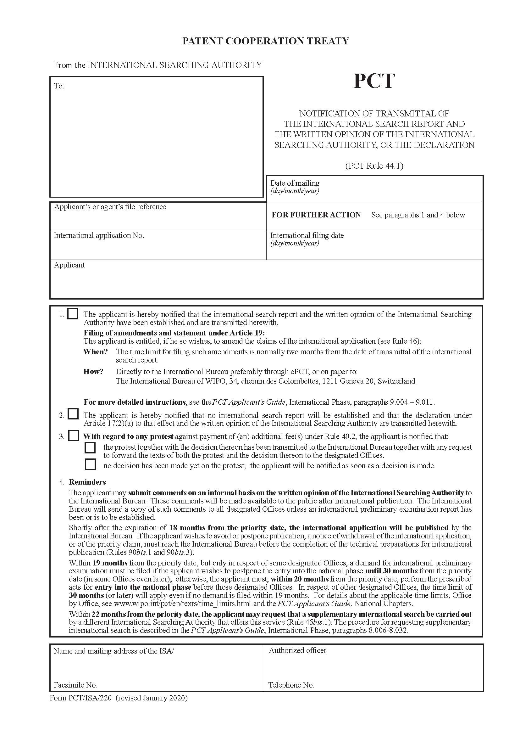 Notification Of Transmittal Of The International Search Report And The Written Opinion {PCT-ISA-220} | Pdf Fpdf Docx | Official Federal Forms