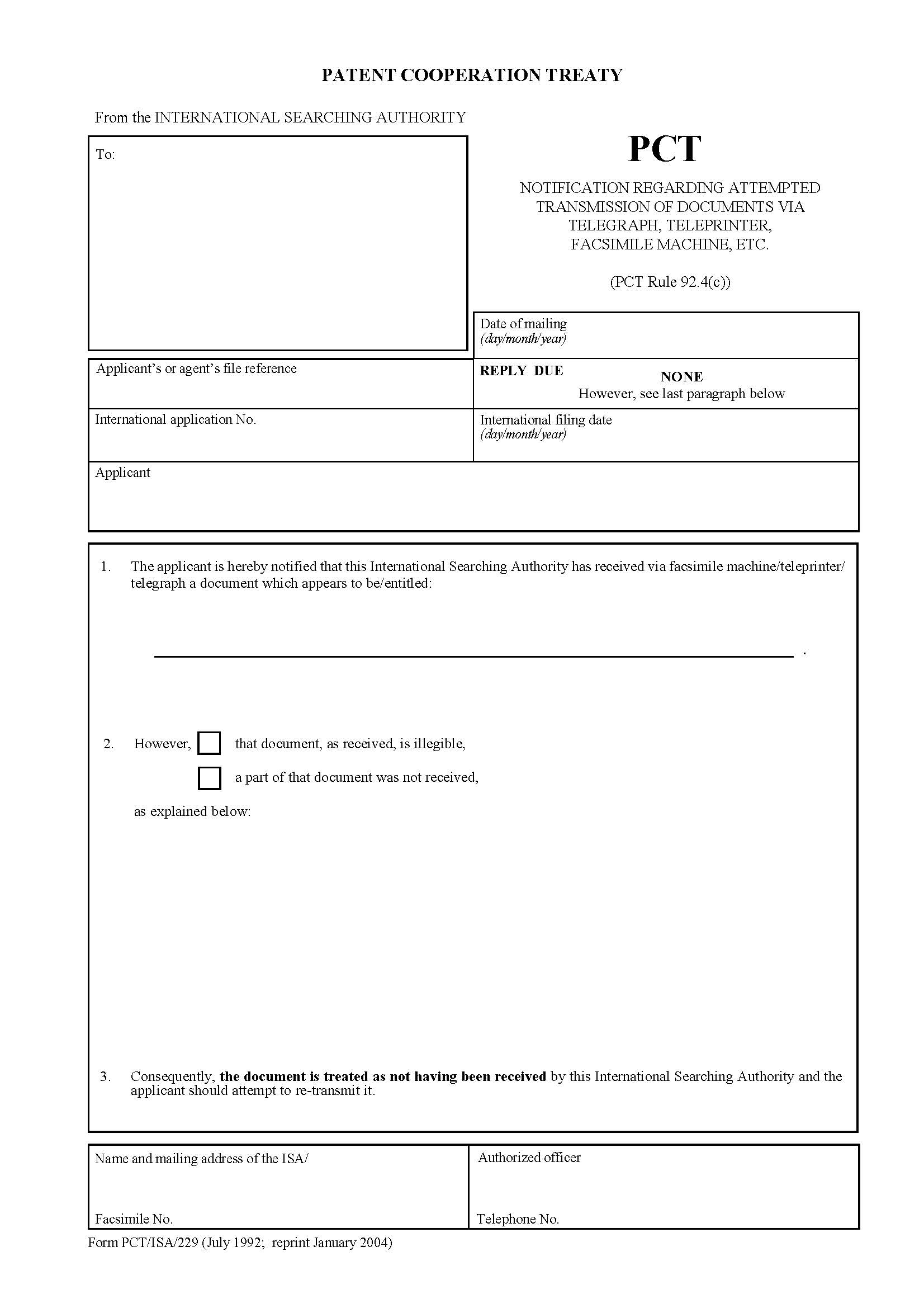 Notification Regarding Attempted Tranmission Of Documents Via Telegraph Teleprinter {PCT-ISA-229} | Pdf Fpdf Doc Docx | Official Federal Forms