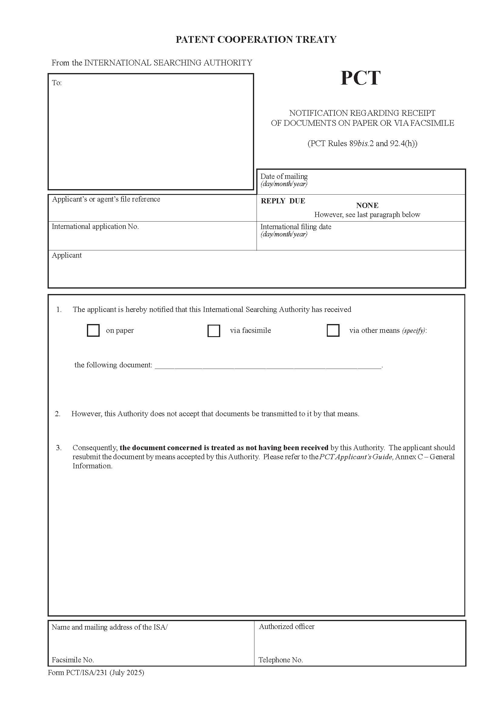 Notification Regarding Receipt Of Documents Via Telegraph Teleprinter Facsimile Machine {PCT-ISA-231} | Pdf Fpdf Docx | Official Federal Forms