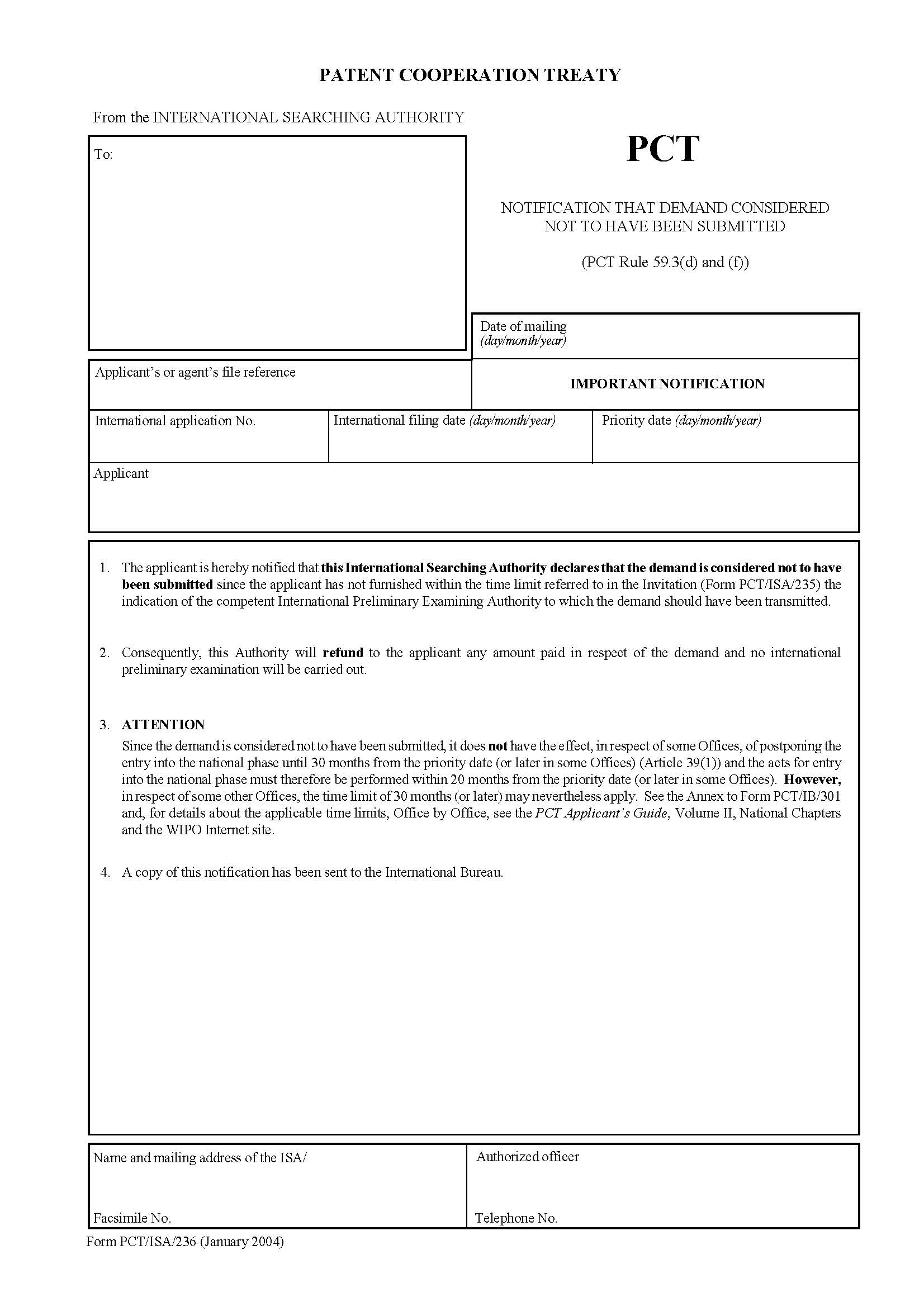 Notification That Demand Considered Not To Have Been Submitted {PCT-ISA-236} | Pdf Fpdf Doc Docx | Official Federal Forms