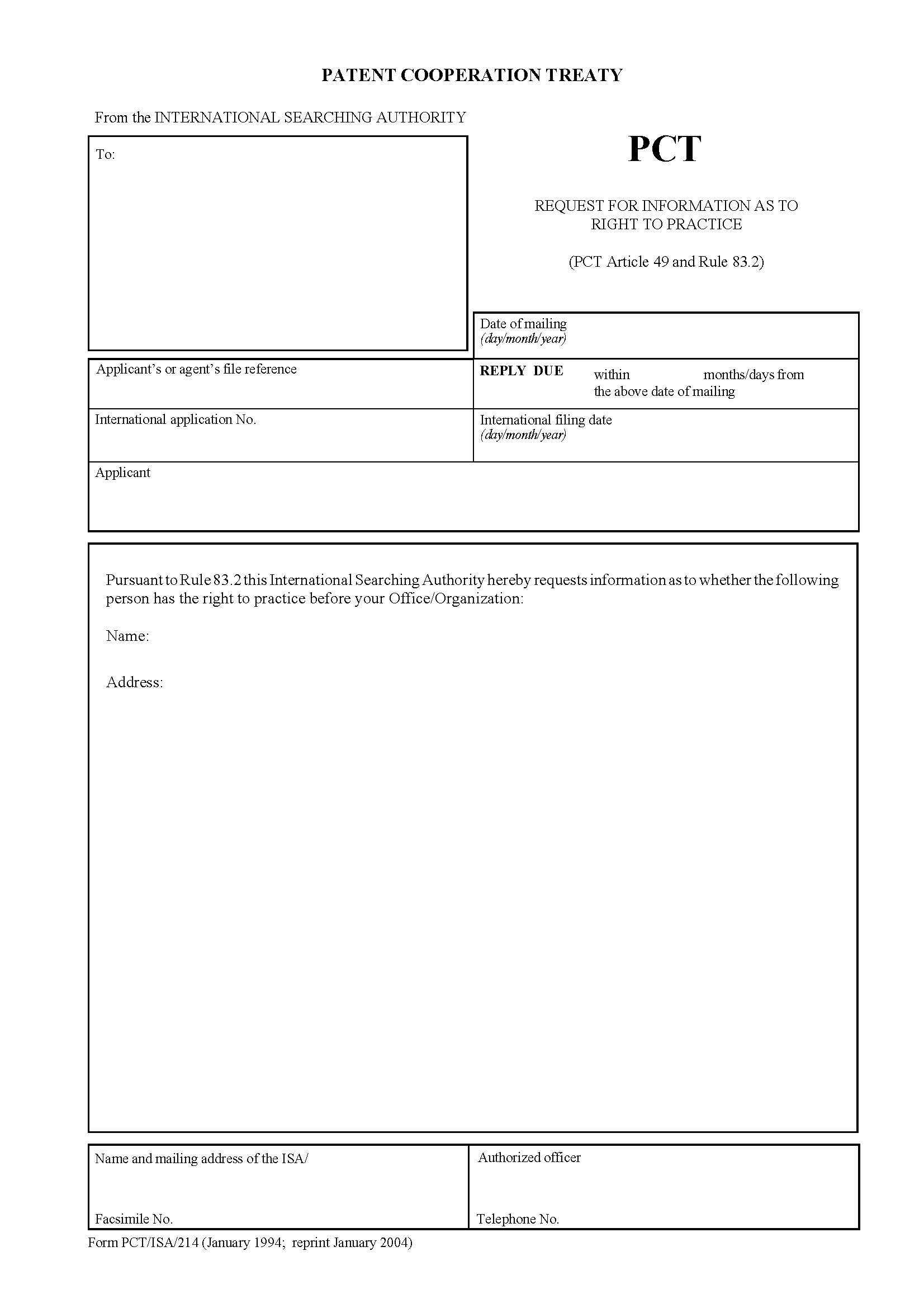 Request For Information As To Right To Practice {PCT-ISA-214} | Pdf Fpdf Doc Docx | Official Federal Forms