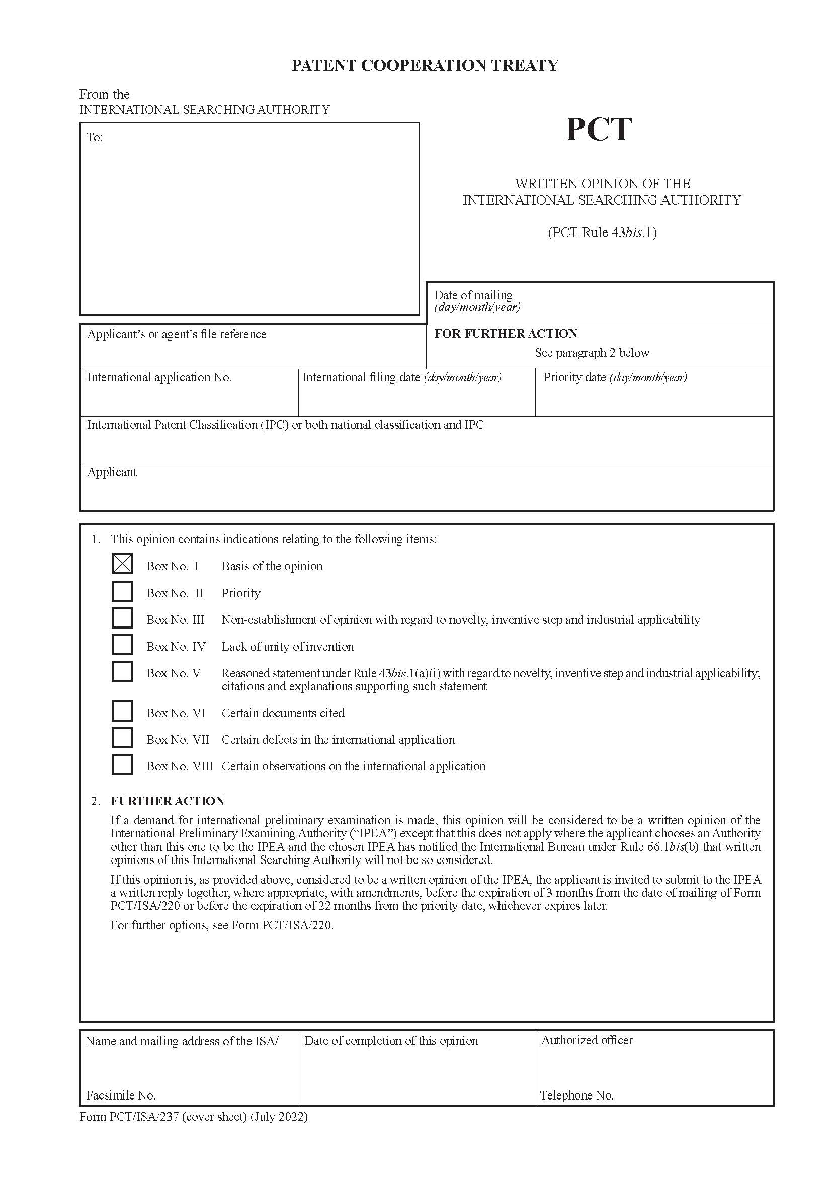 Written Opinion Of The International Searching Authority {PCT-ISA-237} | Pdf Fpdf Docx | Official Federal Forms