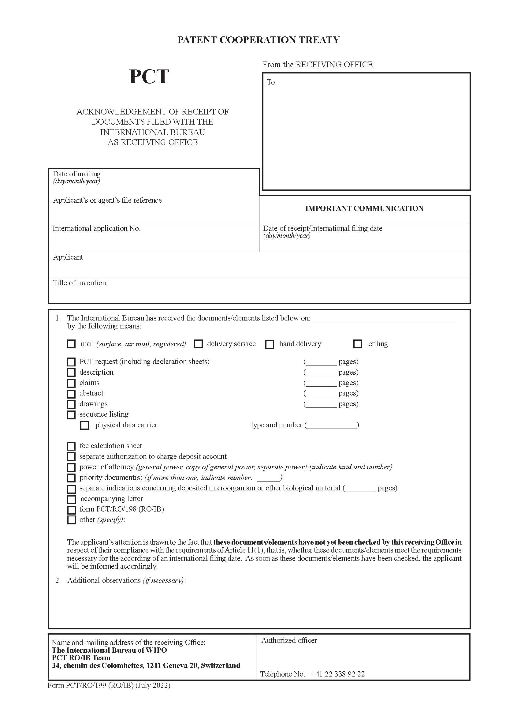 Acknowledgement Of Receipt Of Documents Filed {PCT-RO-IB-199} | Pdf Fpdf Docx | Official Federal Forms