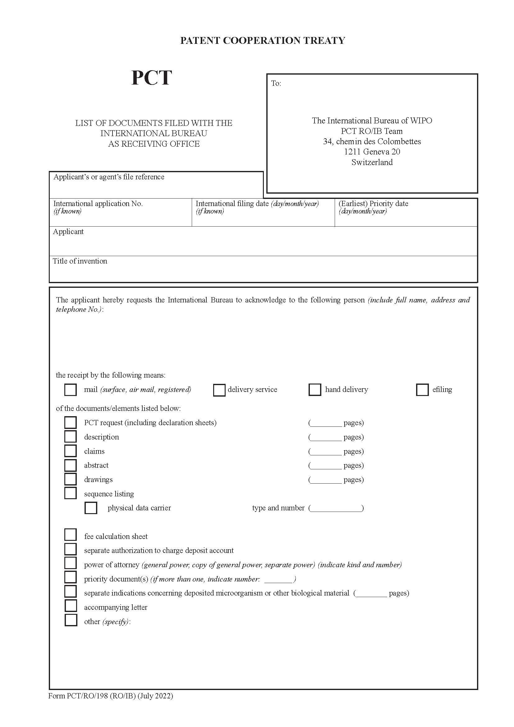 List Of Documents Filed With The International Bureau As Receiving Office {PCT-RO-IB-198} | Pdf Fpdf Doc Docx | Official Federal Forms