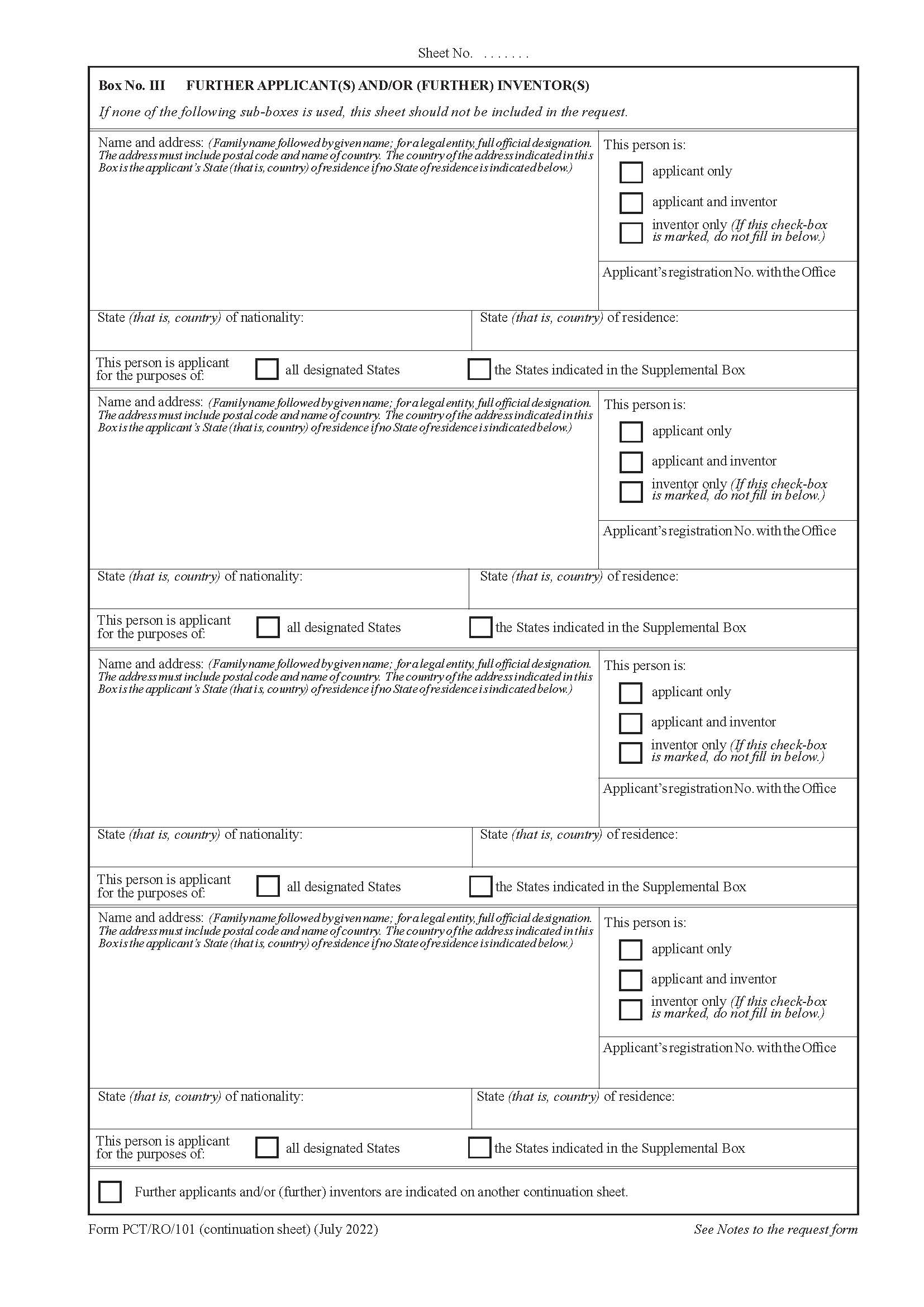 Additional Continuation Sheets (For 6 Or More Applicants And-Or Inventors) {PCT-RO-101} | Pdf Fpdf Doc Docx | Official Federal Forms