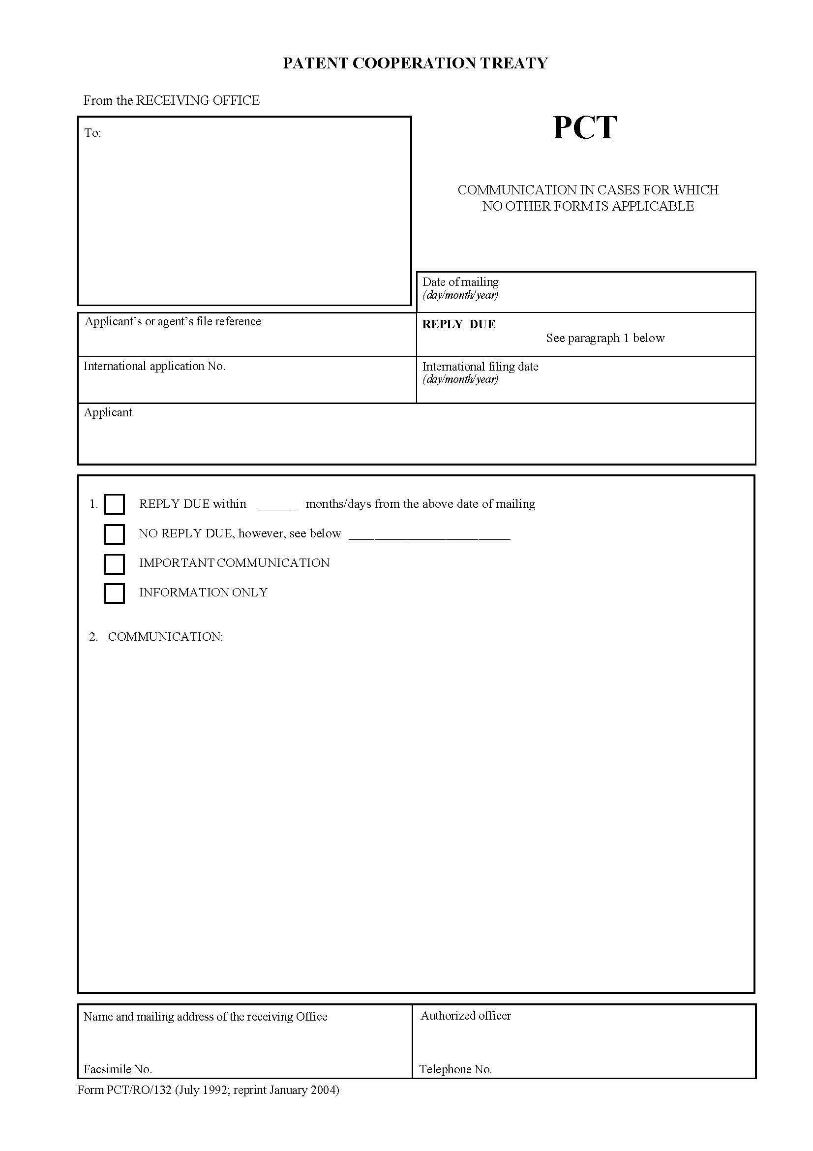 Communication In Cases For Which No Other Form Is Applicable {PCT-RO-132} | Pdf Fpdf Doc Docx | Official Federal Forms