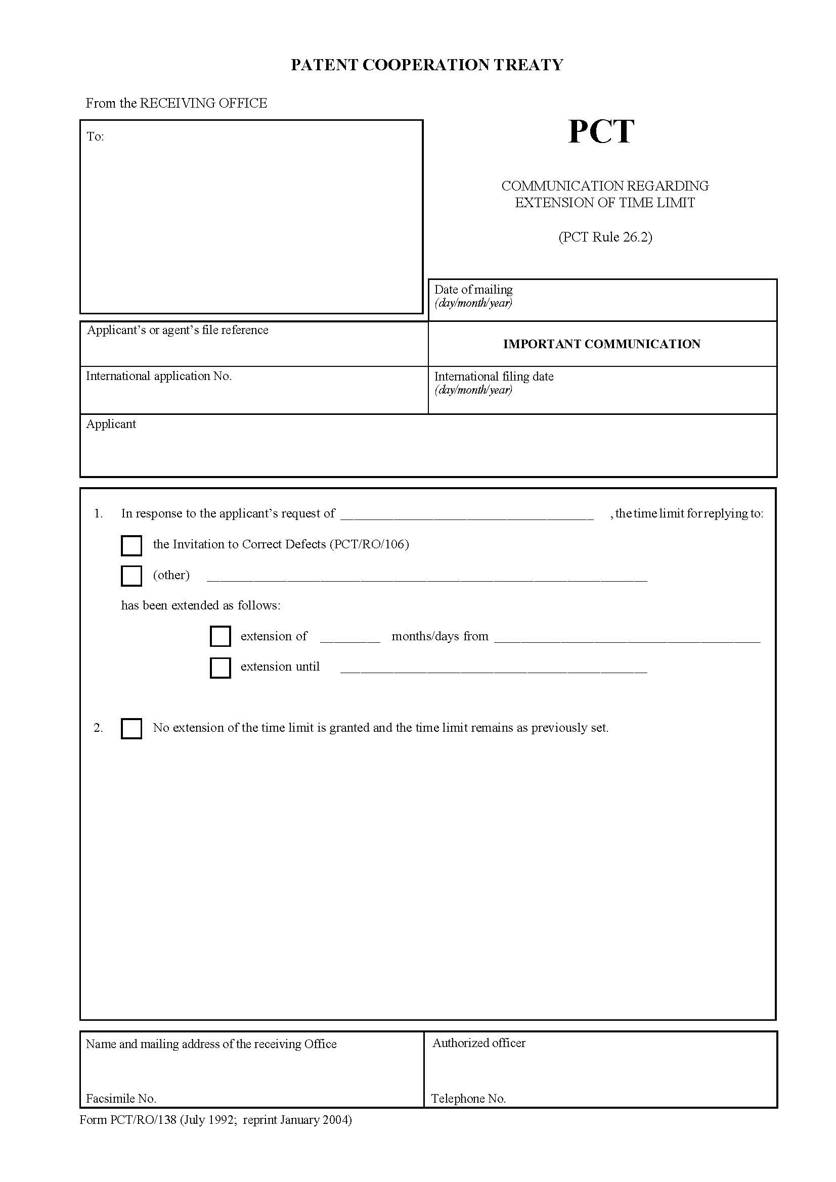 Communication Regarding Extension Of Time Limit {PCT-RO-138} | Pdf Fpdf Docx | Official Federal Forms