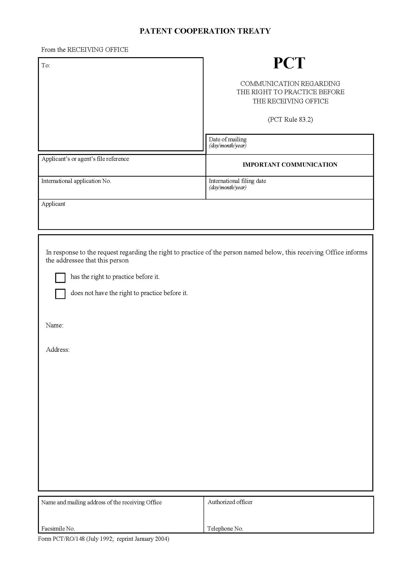 Communication Regarding The Right To Practice Before The Receiving Office {PCT-RO-148} | Pdf Fpdf Docx | Official Federal Forms