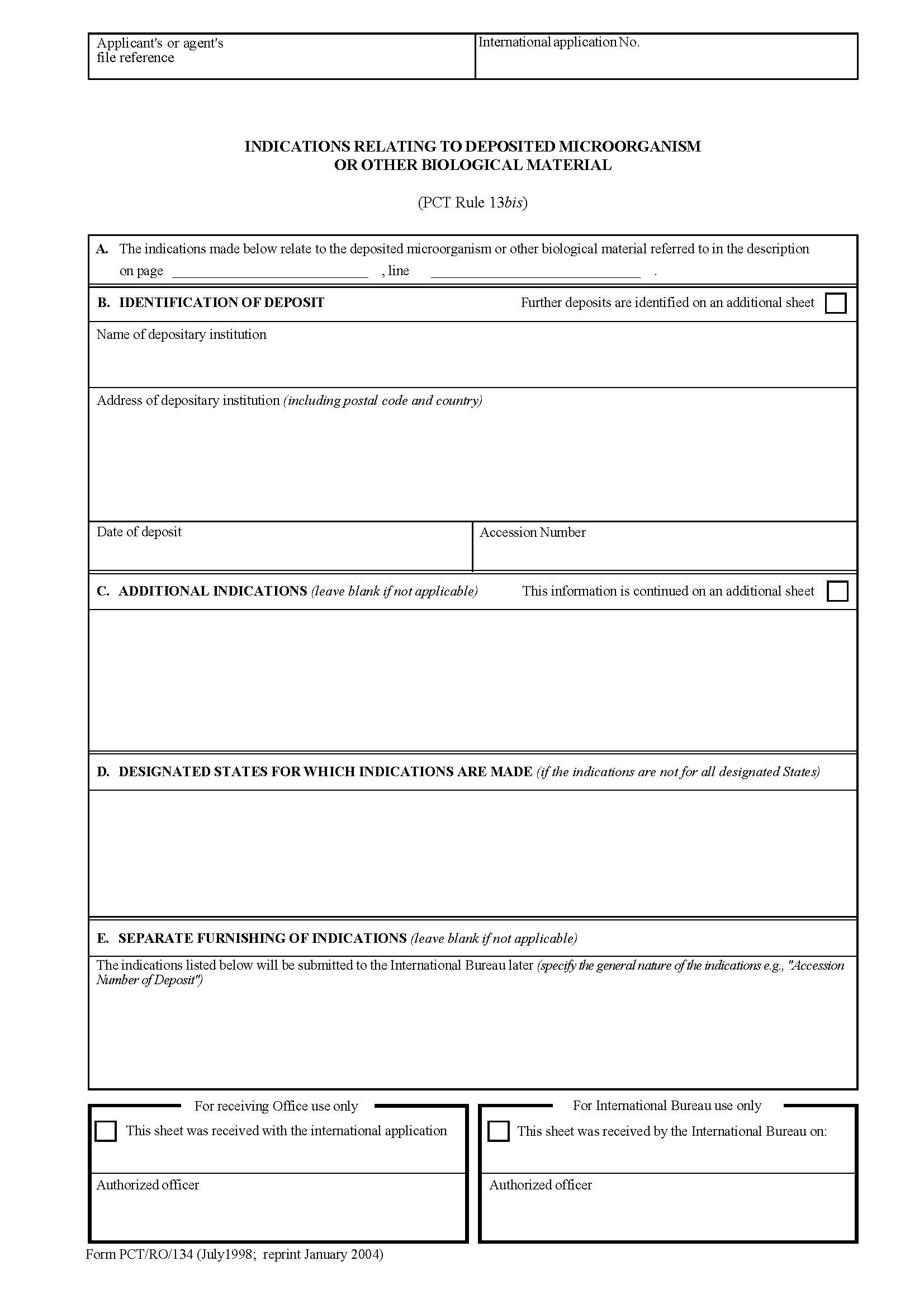 Indication Relating To A Deposited Microorganism {PCT-RO-134} | Pdf Fpdf Doc Docx | Official Federal Forms