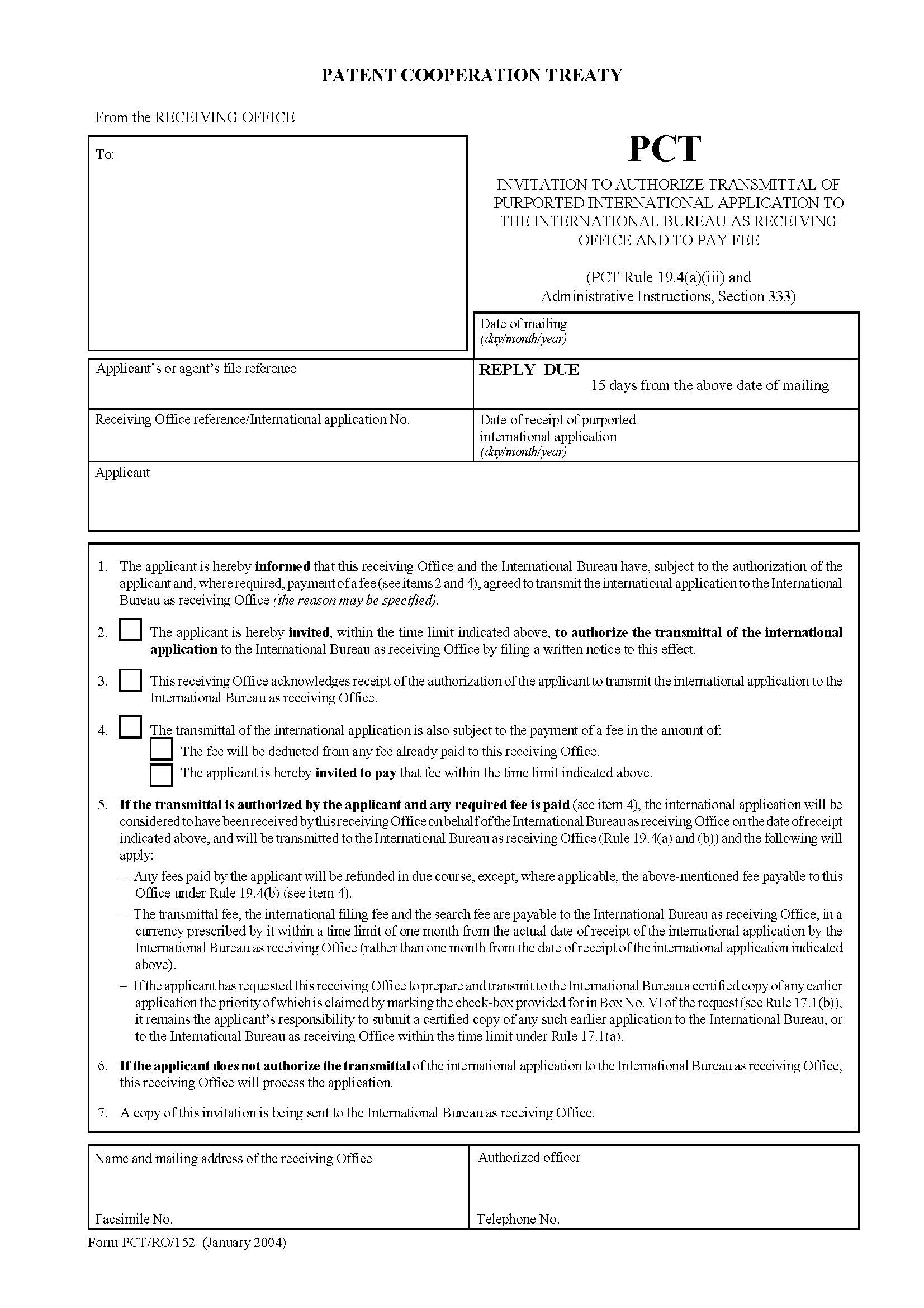 Invitation To Authorize Transmittal Of Purported International Application {PCT-RO-152} | Pdf Fpdf Doc Docx | Official Federal Forms