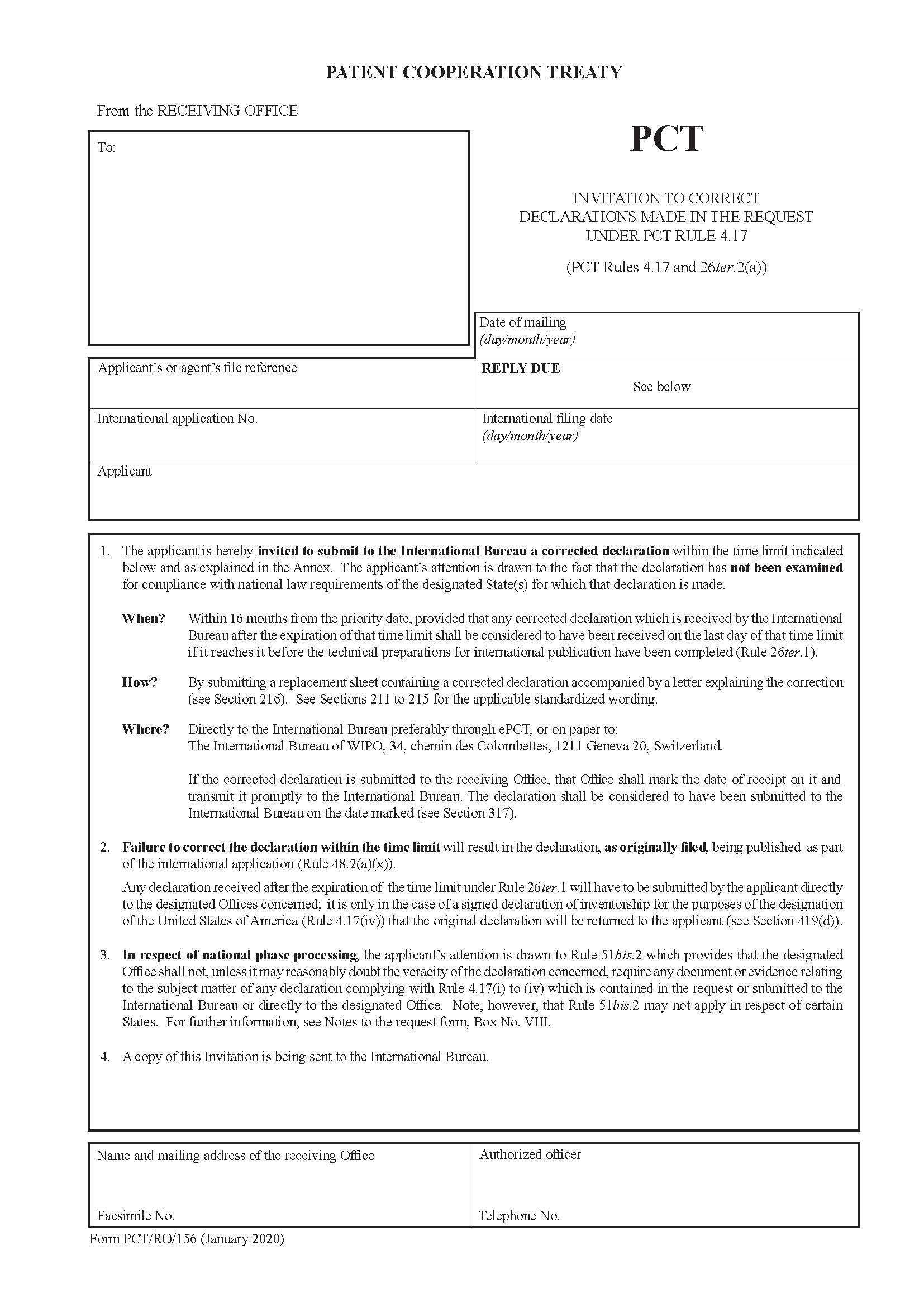 Invitation To Correct Declarations Made In The Request Under PCT Rule 4.17 {PCT-RO-156} | Pdf Fpdf Docx | Official Federal Forms