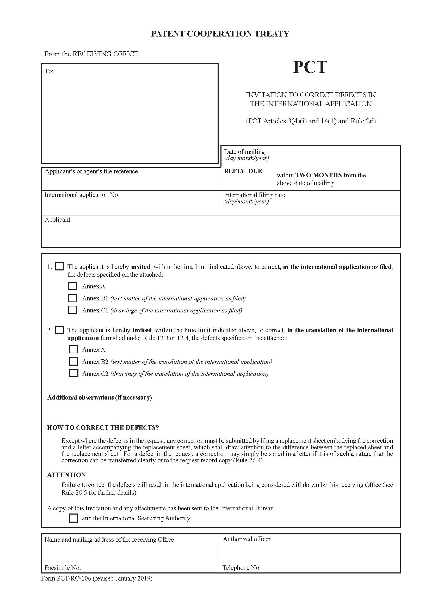 Invitation To Correct Defects In The International Application {PCT-RO-106} | Pdf Fpdf Docx | Official Federal Forms