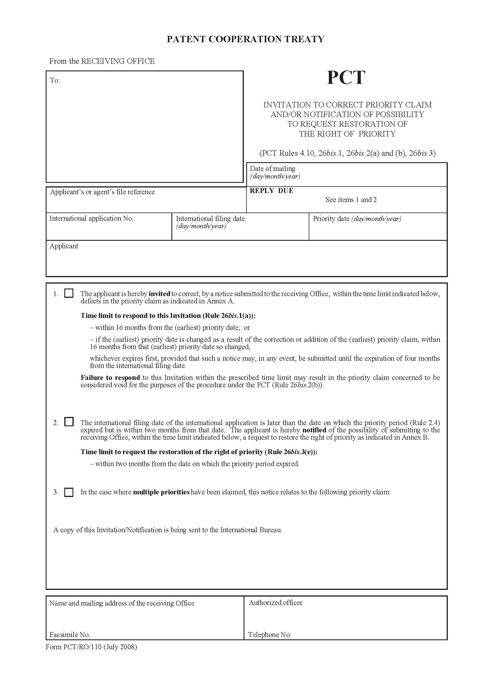 Invitation To Correct Priority Claim {PCT-RO-110} | Pdf Fpdf Doc Docx | Official Federal Forms
