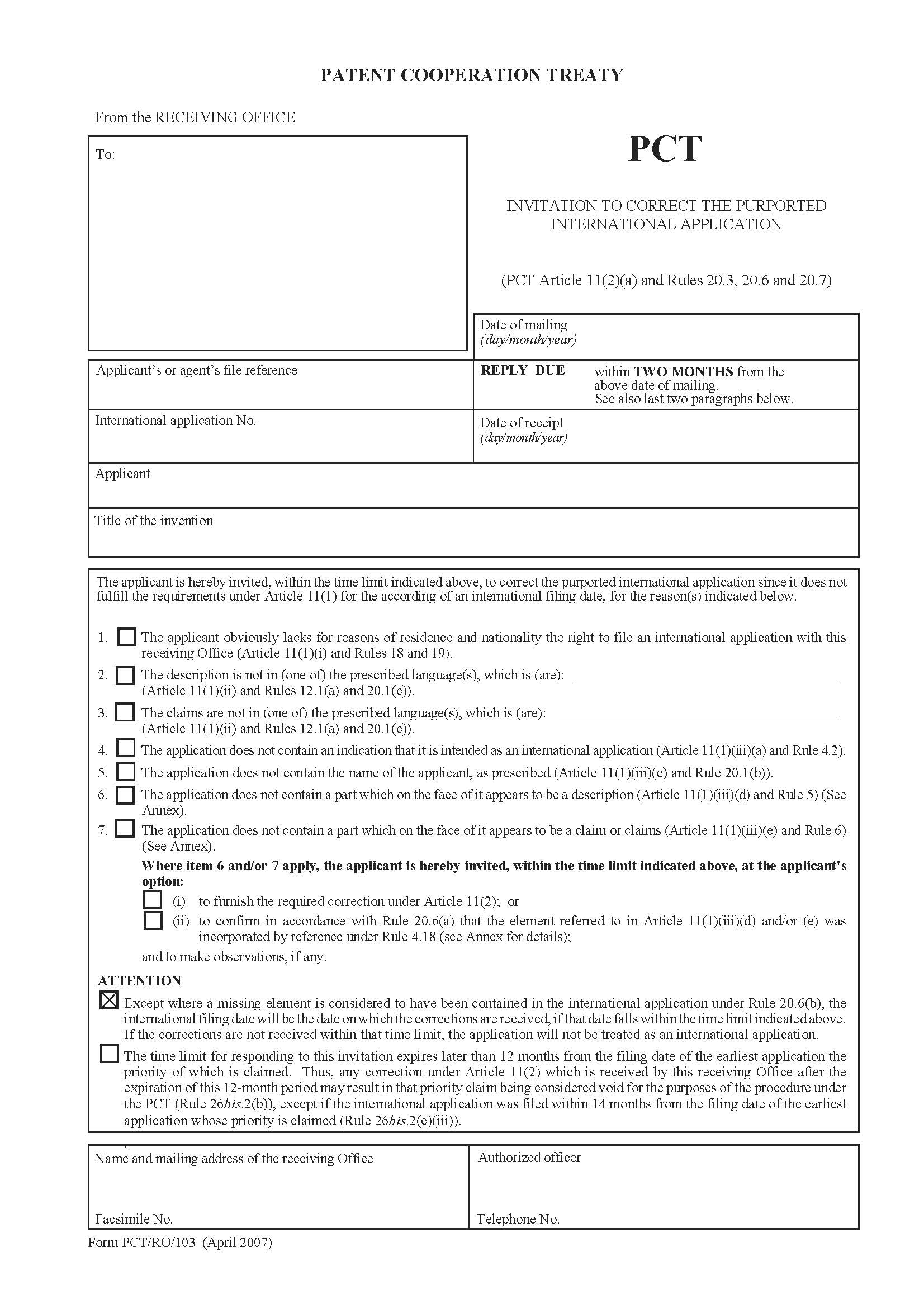 Invitation To Correct The Purported International Application {PCT-RO-103} | Pdf Fpdf Docx | Official Federal Forms