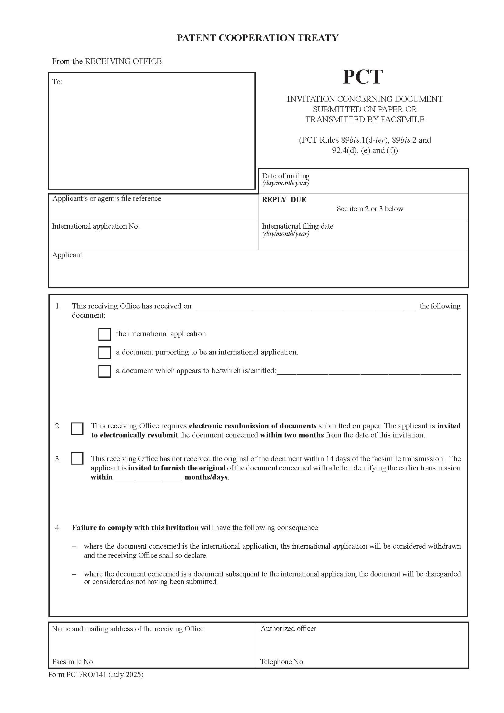 Invitation To Furnish Original Of Document Transmitted By Telegraph Teleprinter Facsimile {PCT-RO-141} | Pdf Fpdf Doc Docx | Official Federal Forms