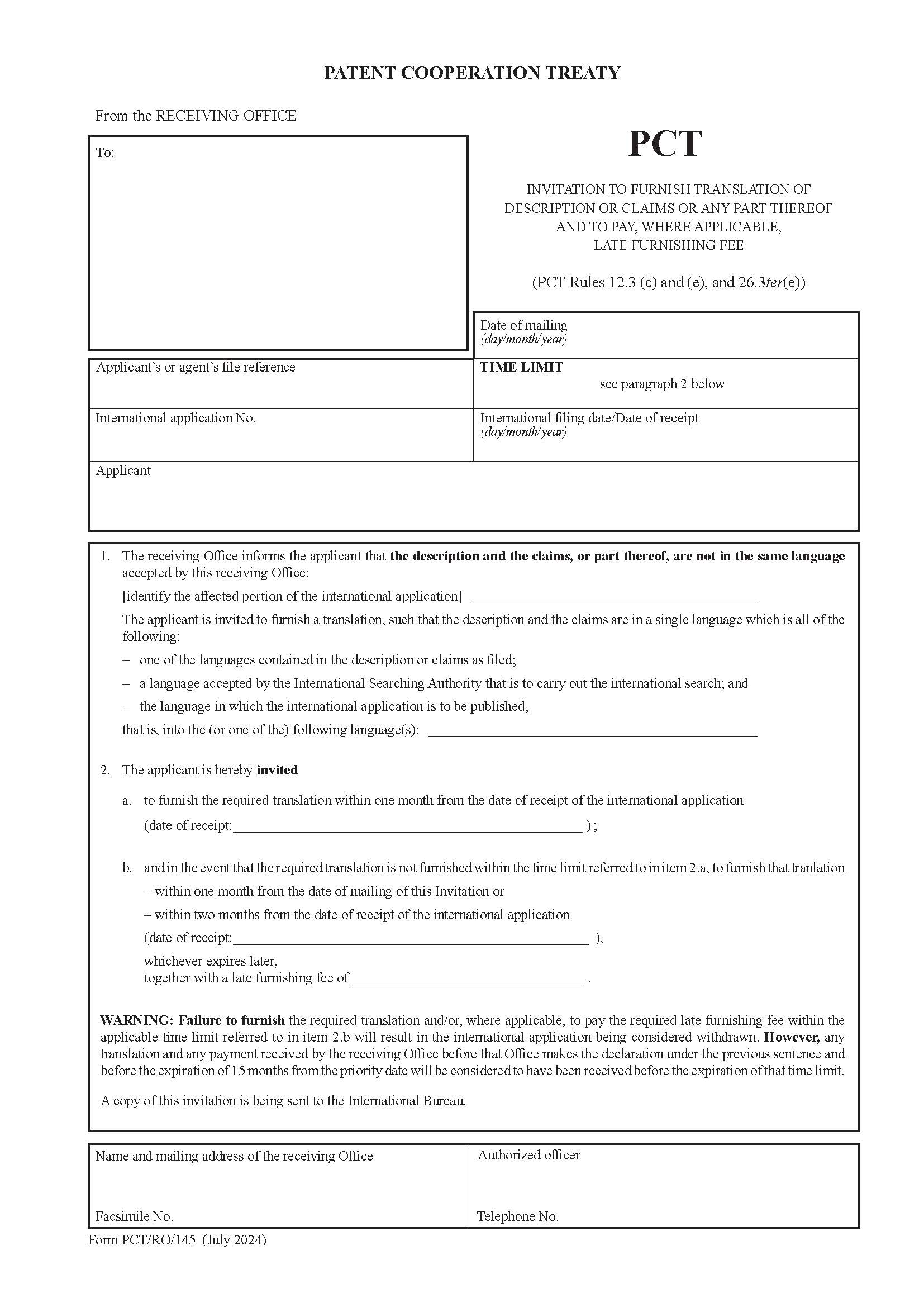 Invitation To Furnish Translation Of Description Or Claims Or Any Part Thereof {PCT-RO-145} | Pdf Fpdf Docx | Official Federal Forms