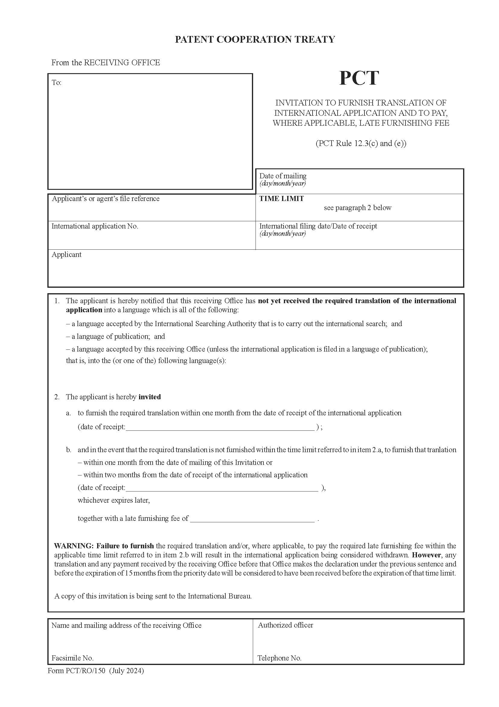 Invitation To Furnish Translation Of International Application And To Pay Where Applicable {PCT-RO-150} | Pdf Fpdf Doc Docx | Official Federal Forms