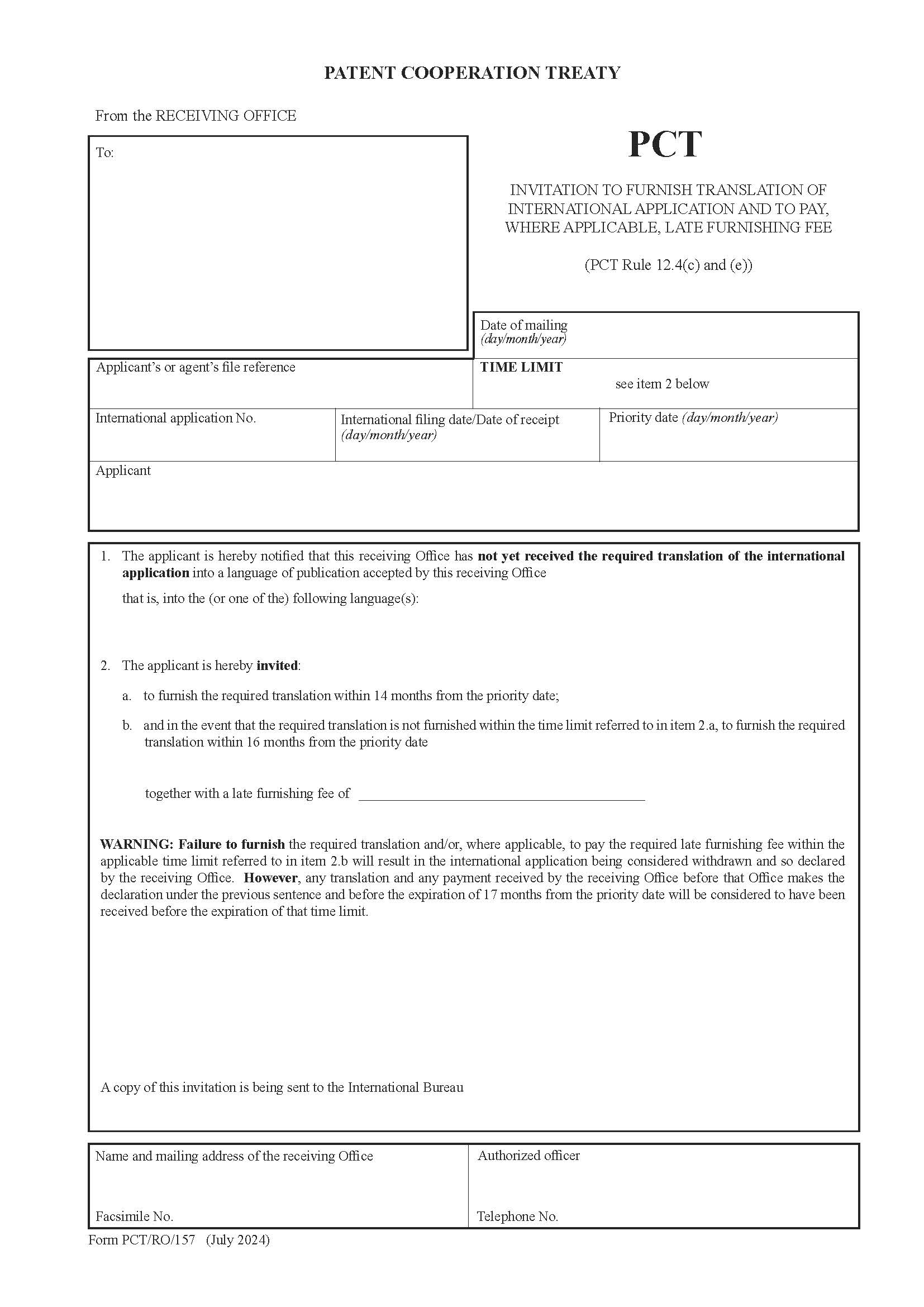 Invitation To Furnish Translation Of International Application And To Pay Where Applicable {PCT-RO-157} | Pdf Fpdf Doc Docx | Official Federal Forms
