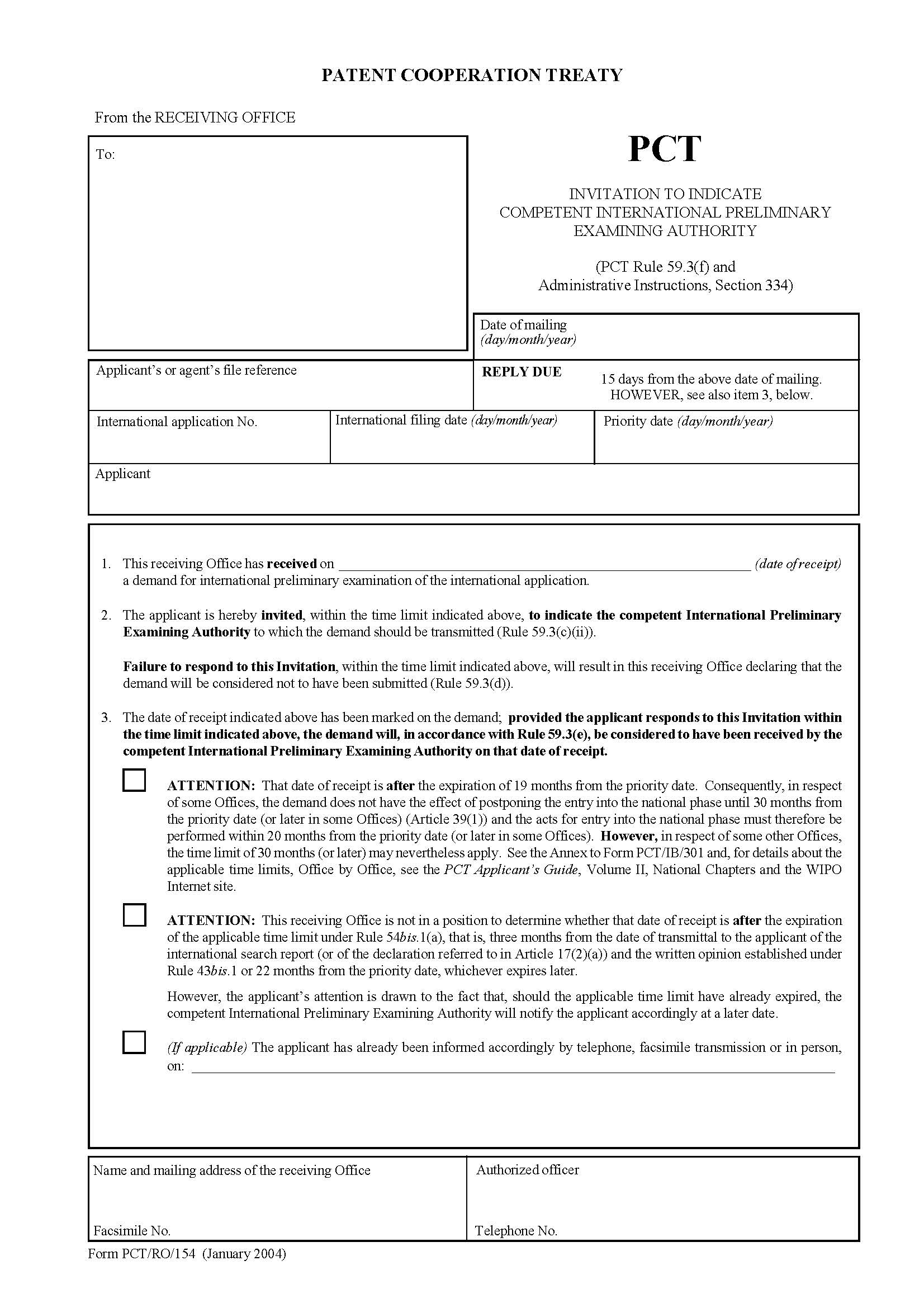 Invitation To Indicate Competent International Preliminary Examining Authority {PCT-RO-154} | Pdf Fpdf Docx | Official Federal Forms