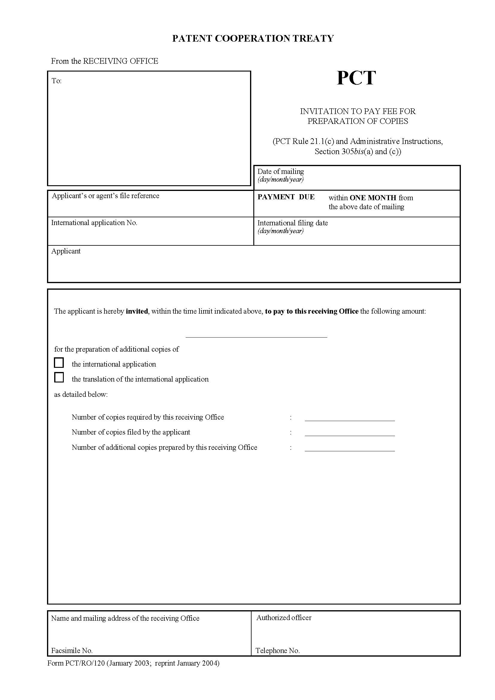 Invitation To Pay Fee For Preparation Of Copies {PCT-RO-120} | Pdf Fpdf Docx | Official Federal Forms
