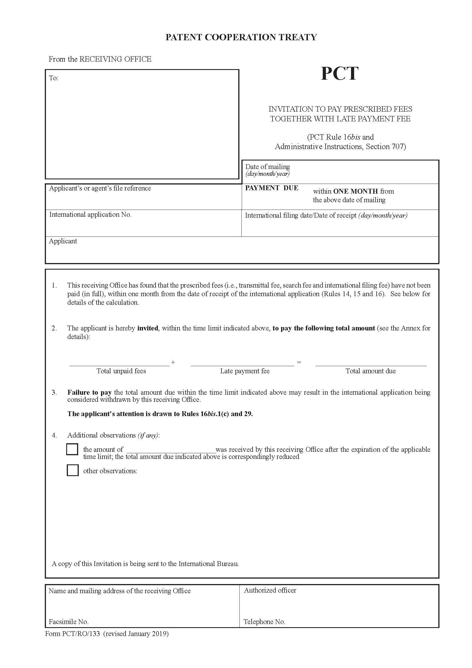 Invitation To Pay Prescribed Fees Together With Late Payment Fee {PCT-RO-133} | Pdf Fpdf Docx | Official Federal Forms
