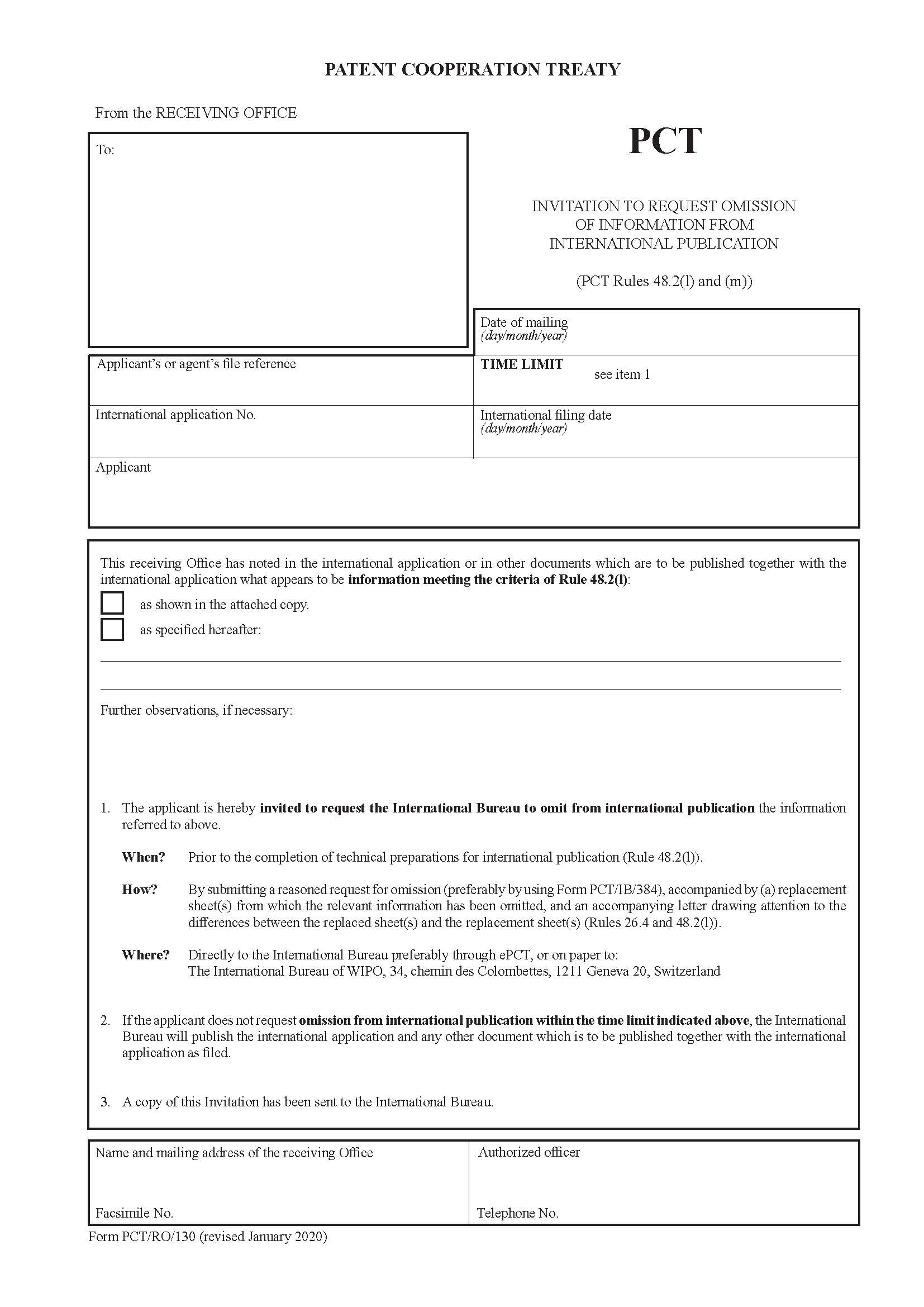 Invitation To Request Omission Of Information From International Publication {PCT-RO-130} | Pdf Fpdf Docx | Official Federal Forms