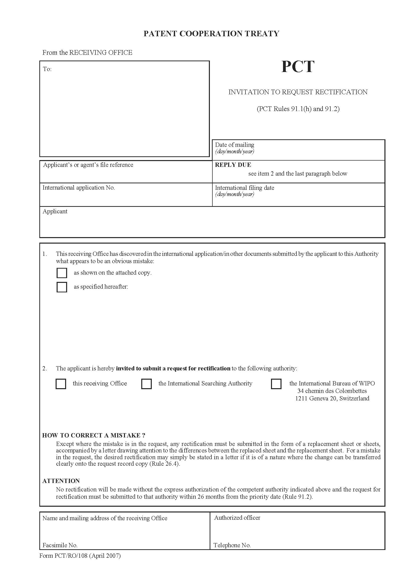 Invitation To Request Rectification {PCT-RO-108} | Pdf Fpdf Doc Docx | Official Federal Forms