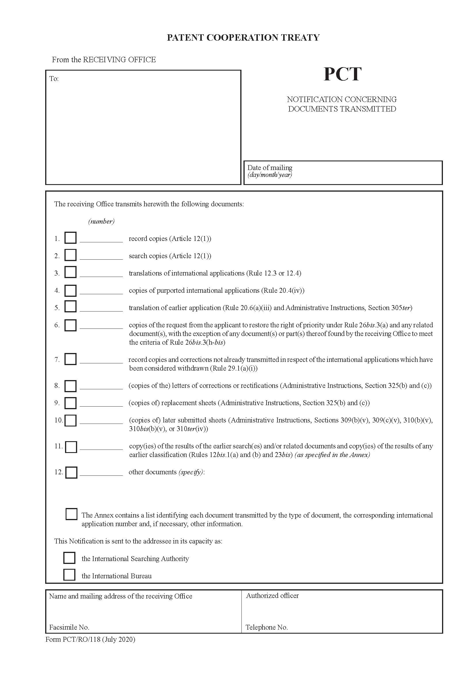 Notification Concerning Documents Transmitted {PCT-RO-118} | Pdf Fpdf Docx | Official Federal Forms