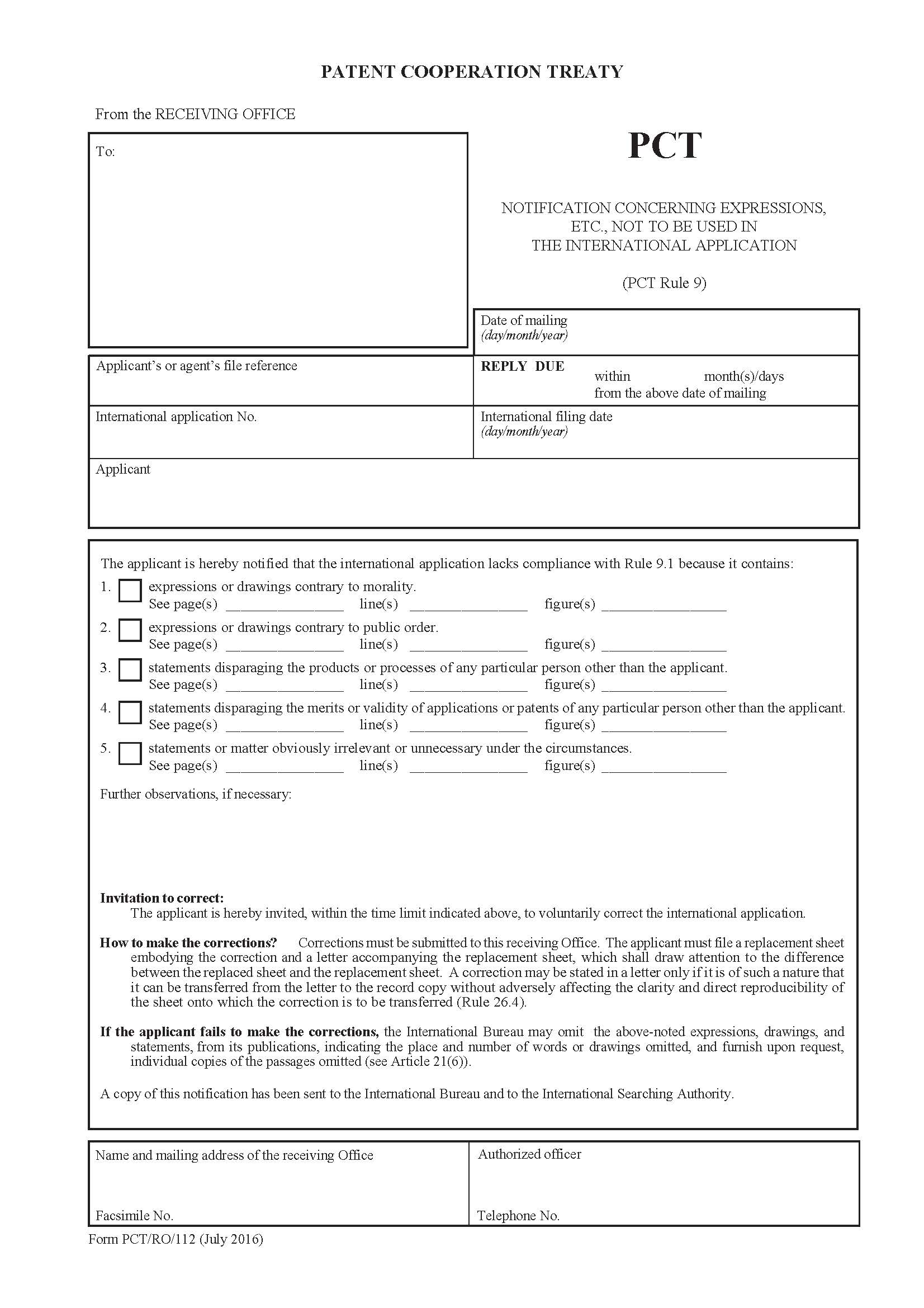 Notification Concerning Expressions Ect Not To Be Used In The International Application {PCT-RO-112} | Pdf Fpdf Doc Docx | Official Federal Forms
