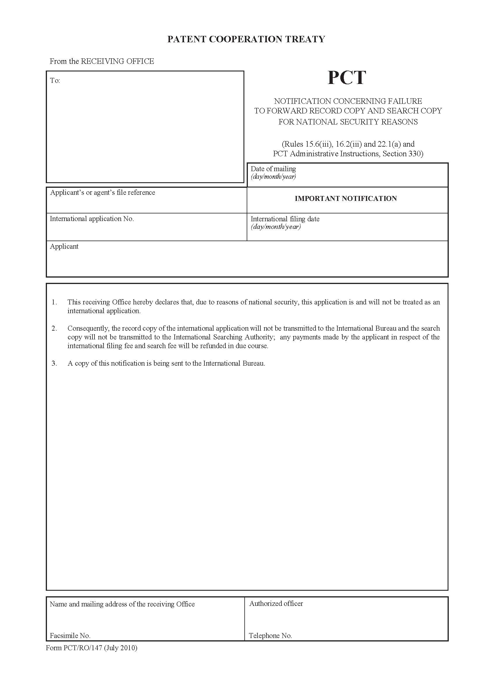Notification Concerning Failure To Forward Record Copy And Search Copy {PCT-RO-147} | Pdf Fpdf Docx | Official Federal Forms