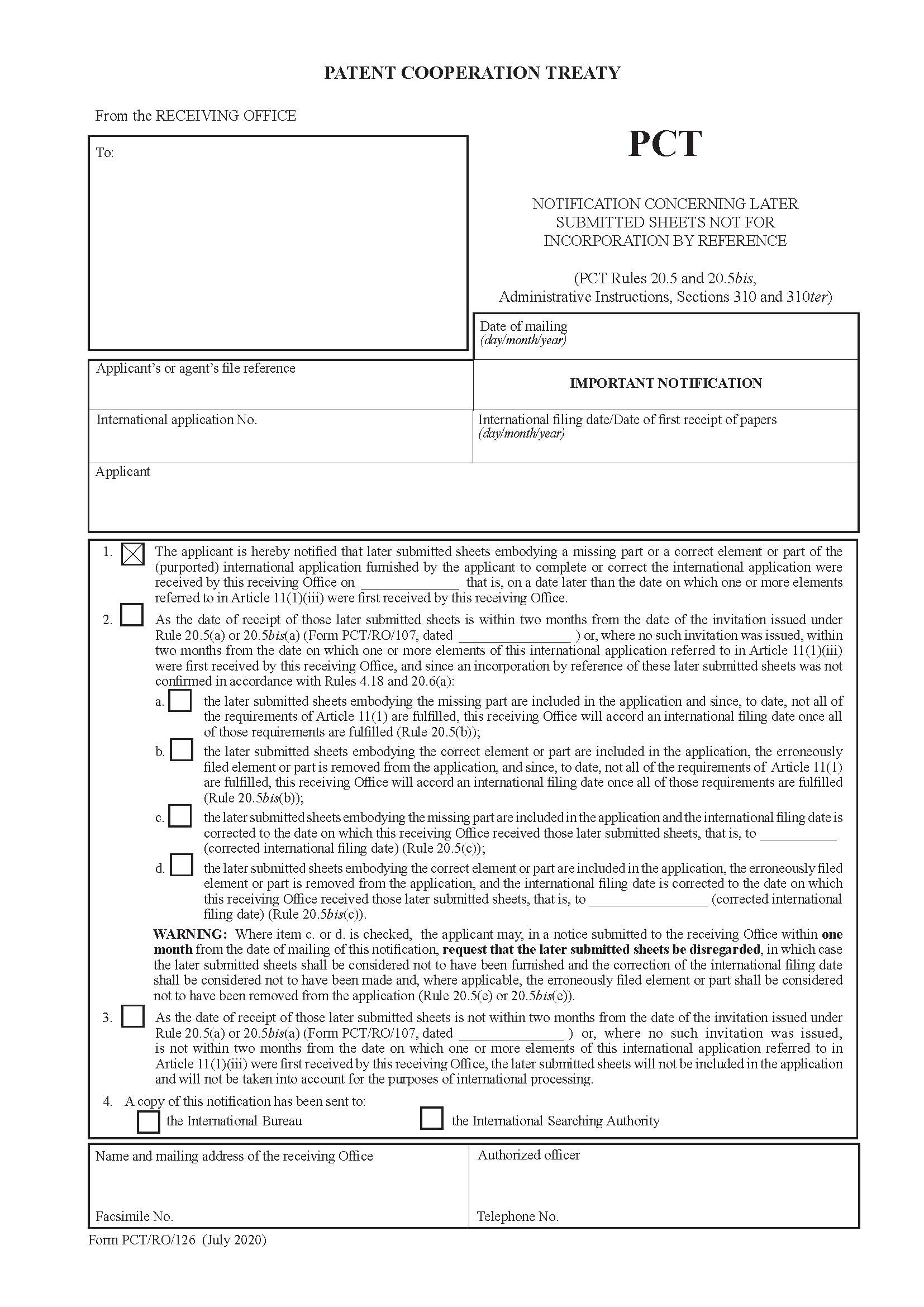 Notification Concerning Later Submitted Sheets Or Drawings {PCT-RO-126} | Pdf Fpdf Doc Docx | Official Federal Forms