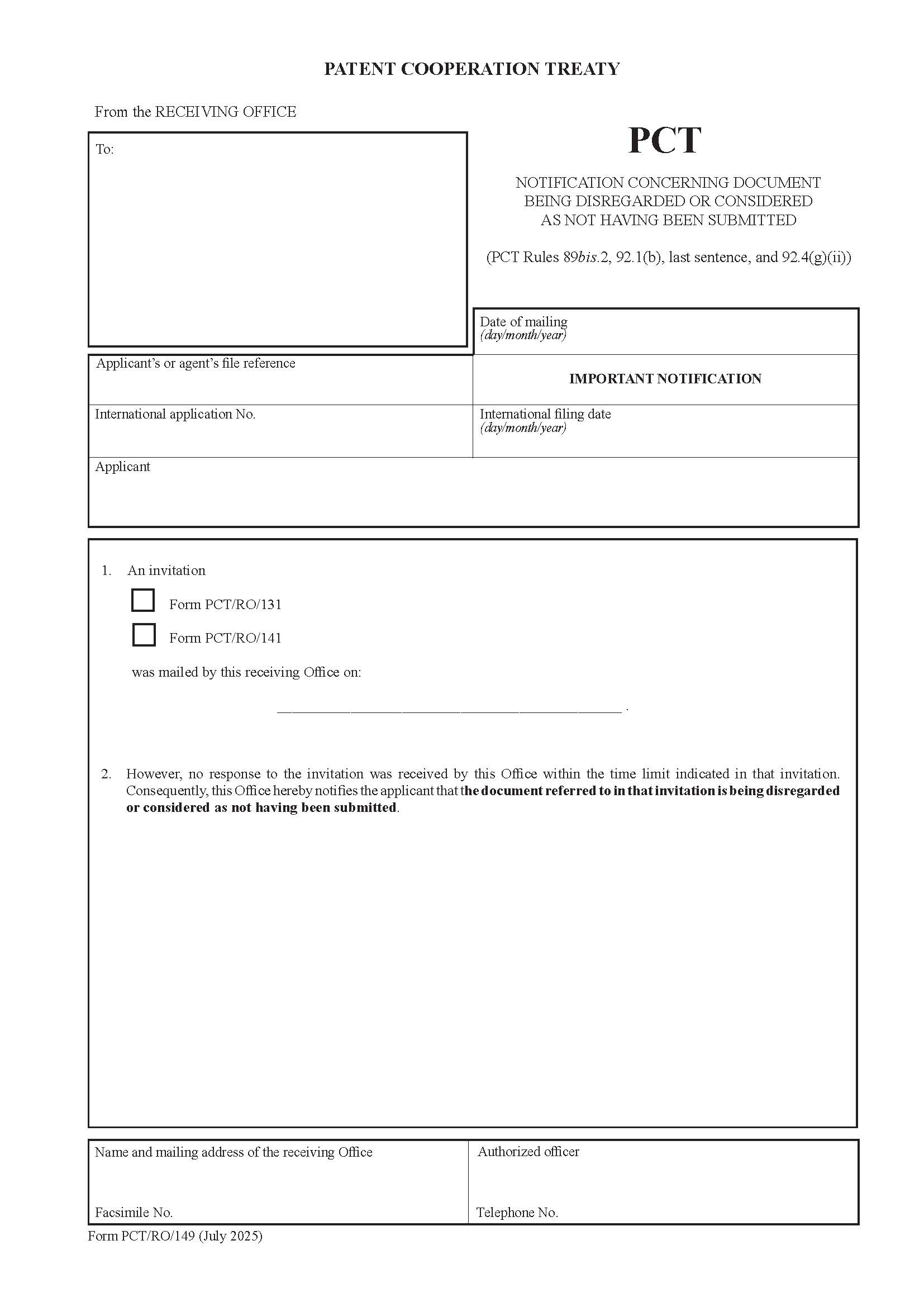 Notification Concerning Paper Being Disregarded Or Document {PCT-RO-149} | Pdf Fpdf Doc Docx | Official Federal Forms