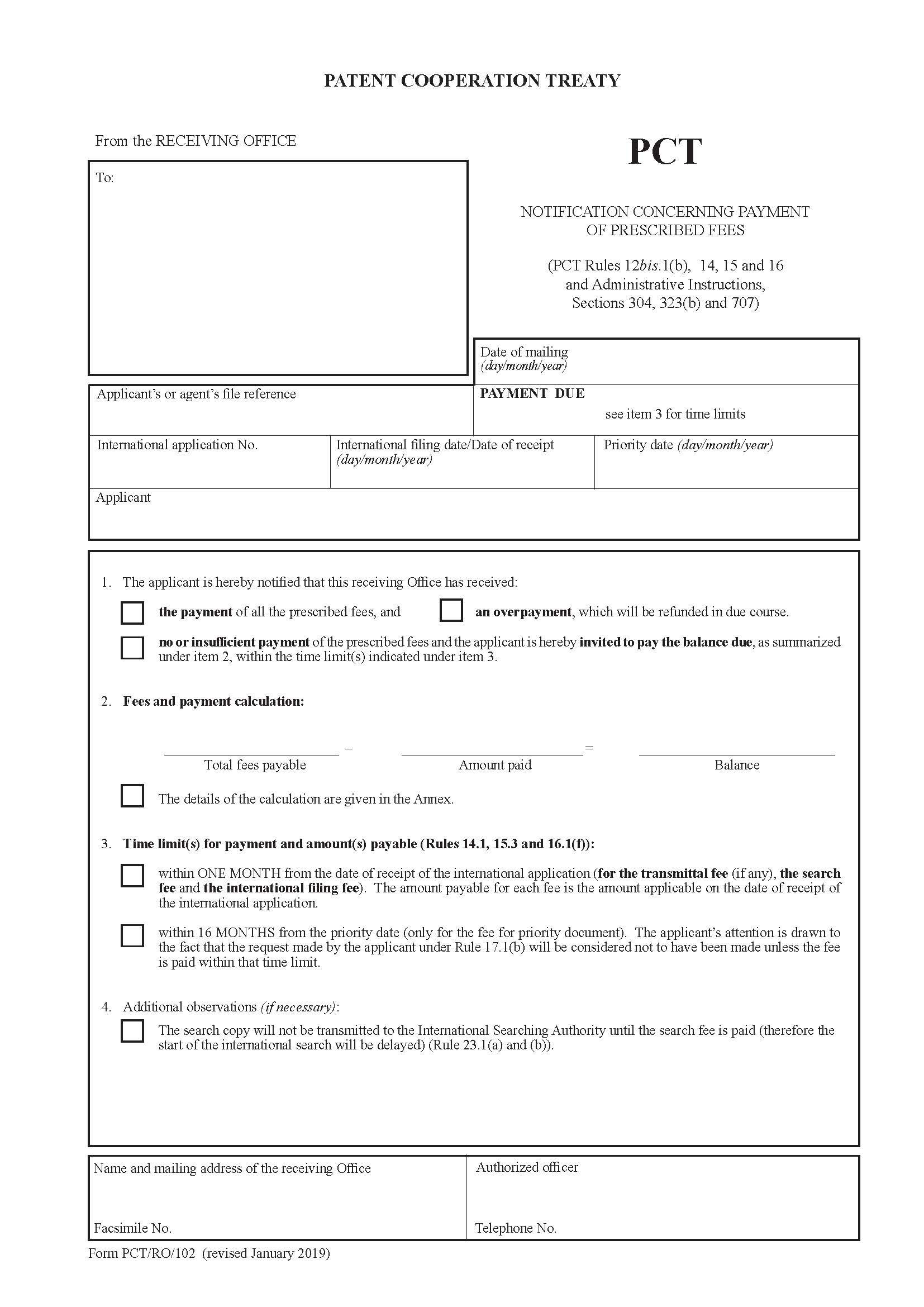Notification Concerning Payment Of Prescribed Fees {PCT-RO-102} | Pdf Fpdf Docx | Official Federal Forms