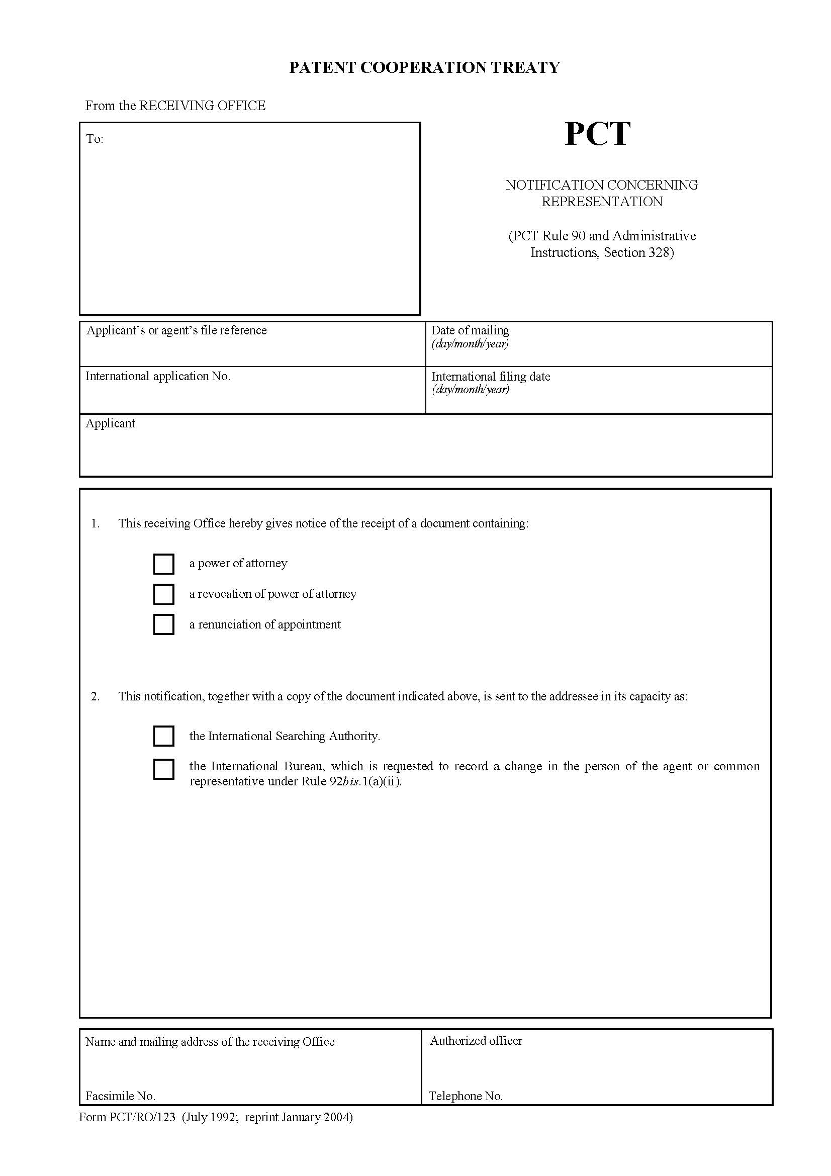 Notification Concerning Representation {PCT-RO-123} | Pdf Fpdf Docx | Official Federal Forms