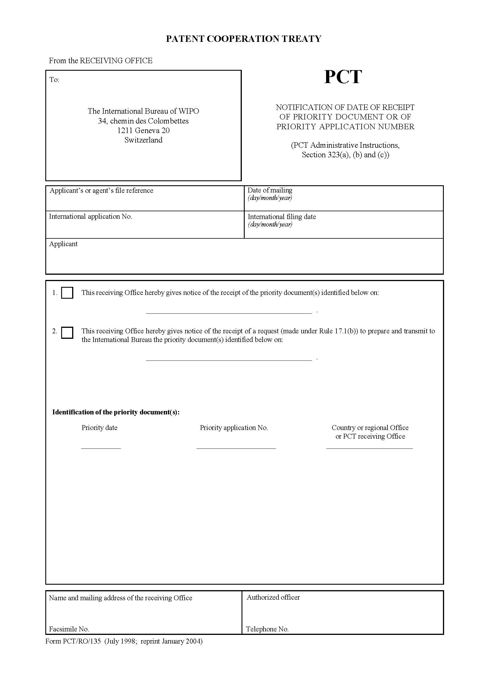 Notification Of Date Of Receipt Of Priority Document Or Of Priority Application Number {PCT-RO-135} | Pdf Fpdf Doc Docx | Official Federal Forms