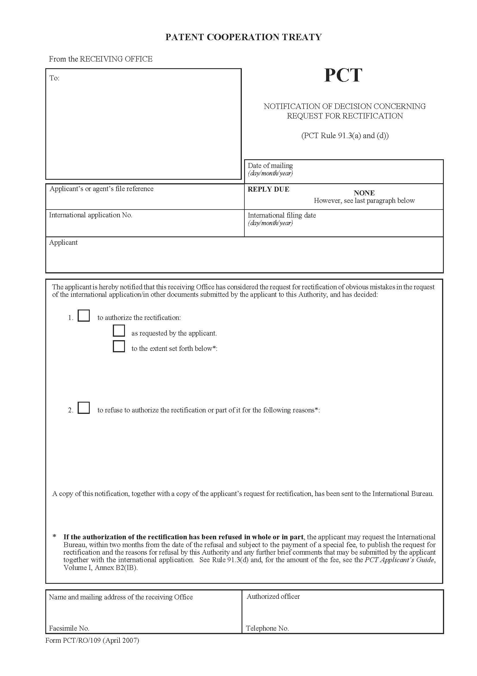 Notification Of Decision Concerning Request For Rectification {PCT-RO-109} | Pdf Fpdf Docx | Official Federal Forms