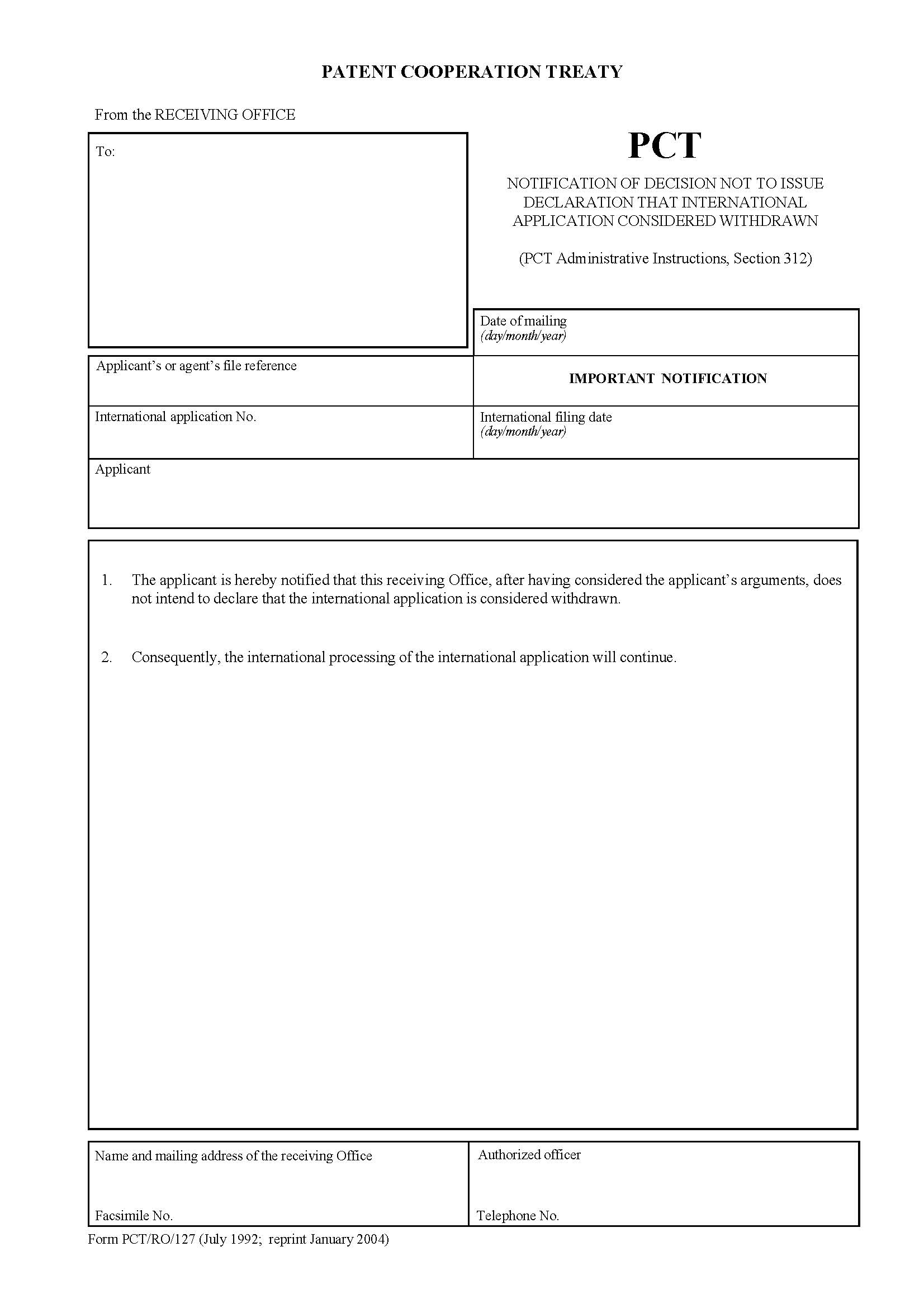 Notification Of Decision Not To Issue Declaration That International Application Considered {PCT-RO-127} | Pdf Fpdf Doc Docx | Official Federal Forms