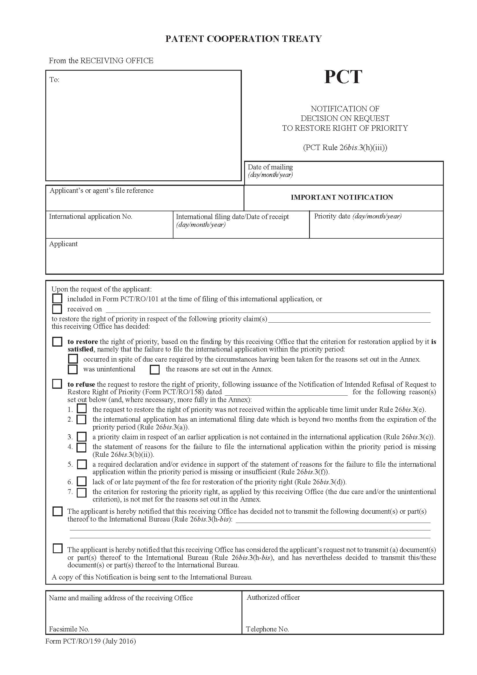 Notification Of Decision On Request To Restore Right Of Priority {PCT-RO-159} | Pdf Fpdf Docx | Official Federal Forms