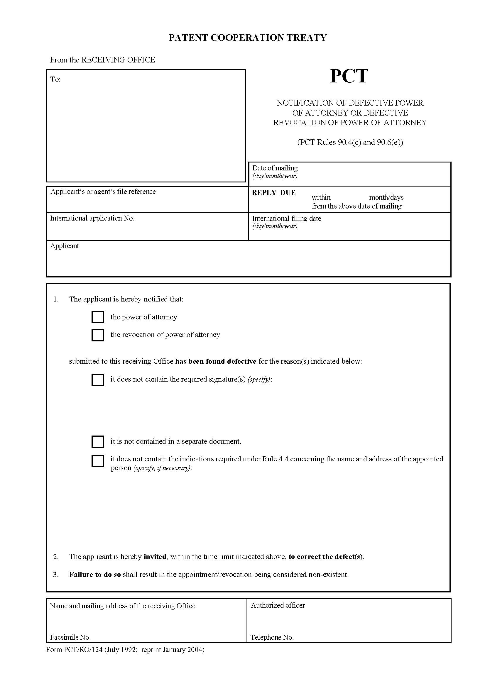 Notification Of Defective Power Of Attorney Or Defective Revocation Of Power Of Attorney {PCT-RO-124} | Pdf Fpdf Doc Docx | Official Federal Forms